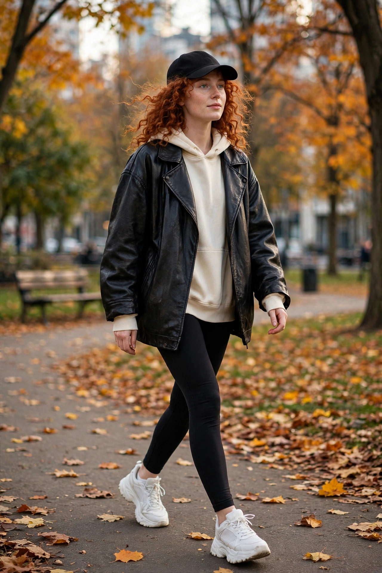 Woman in an all-black outfit with a leather jacket, leather pants and boots