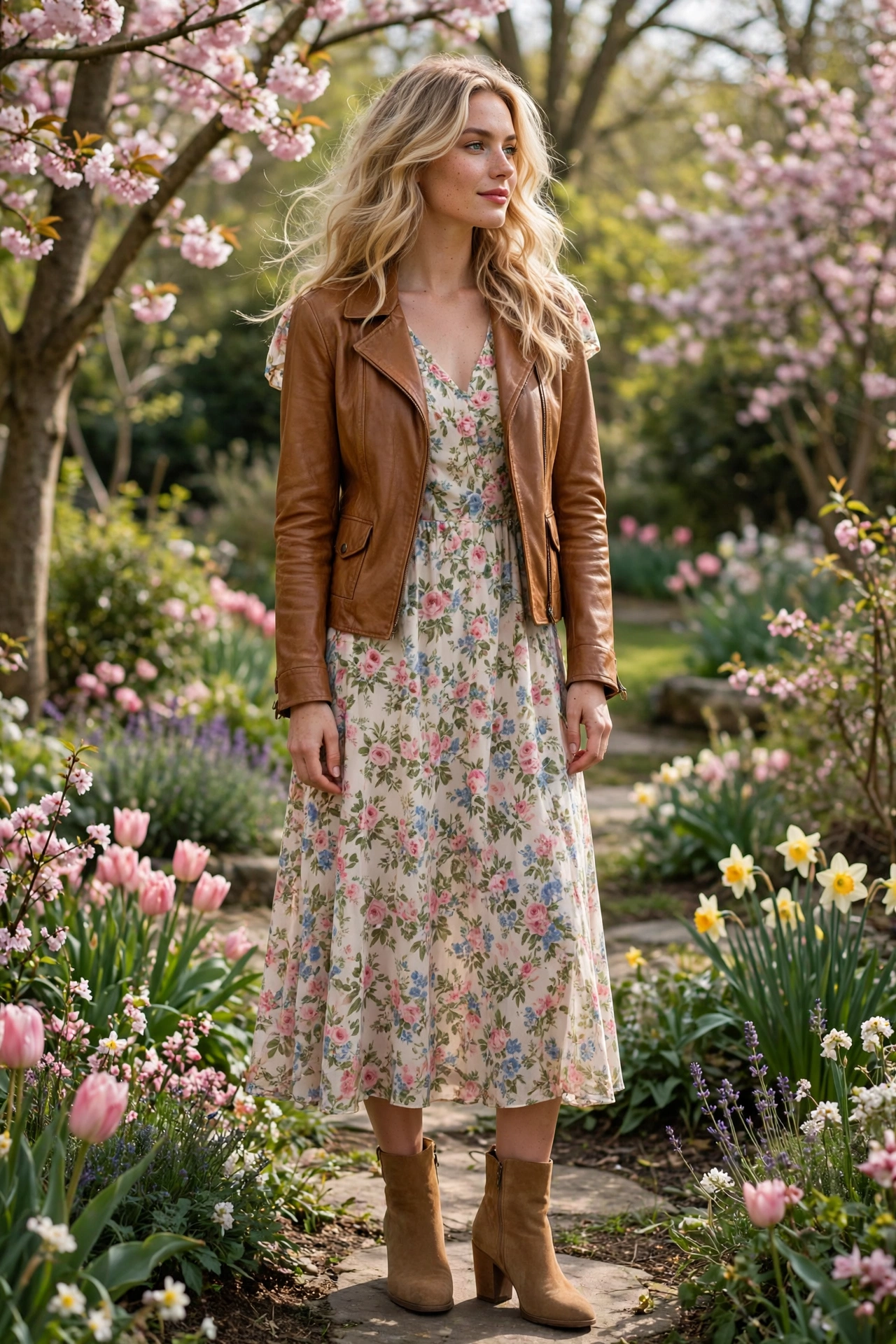 Woman wearing a leather jacket over a satin slip dress with heels