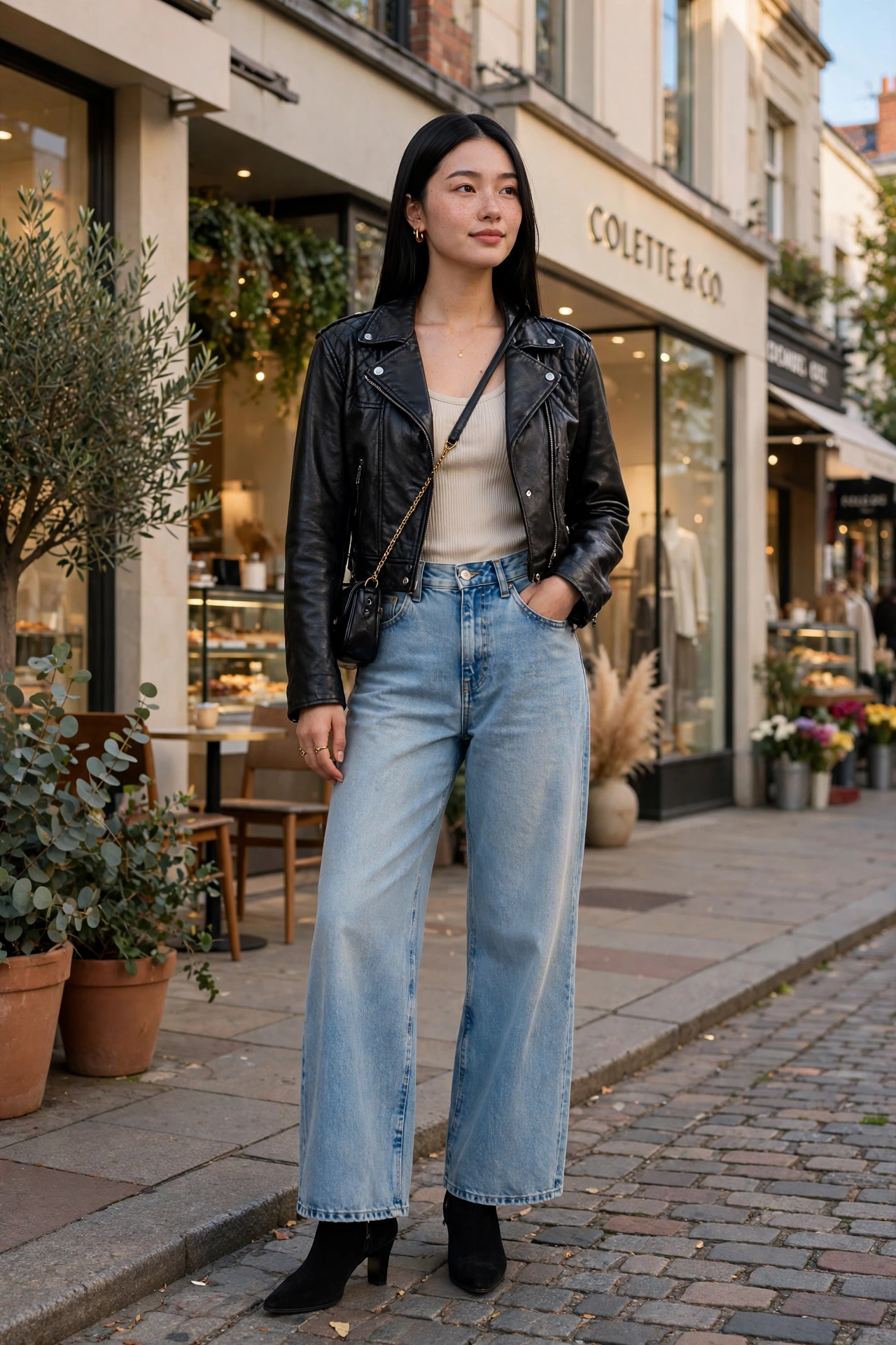 Woman wearing a leather jacket with a turtleneck and tailored trousers with loafers