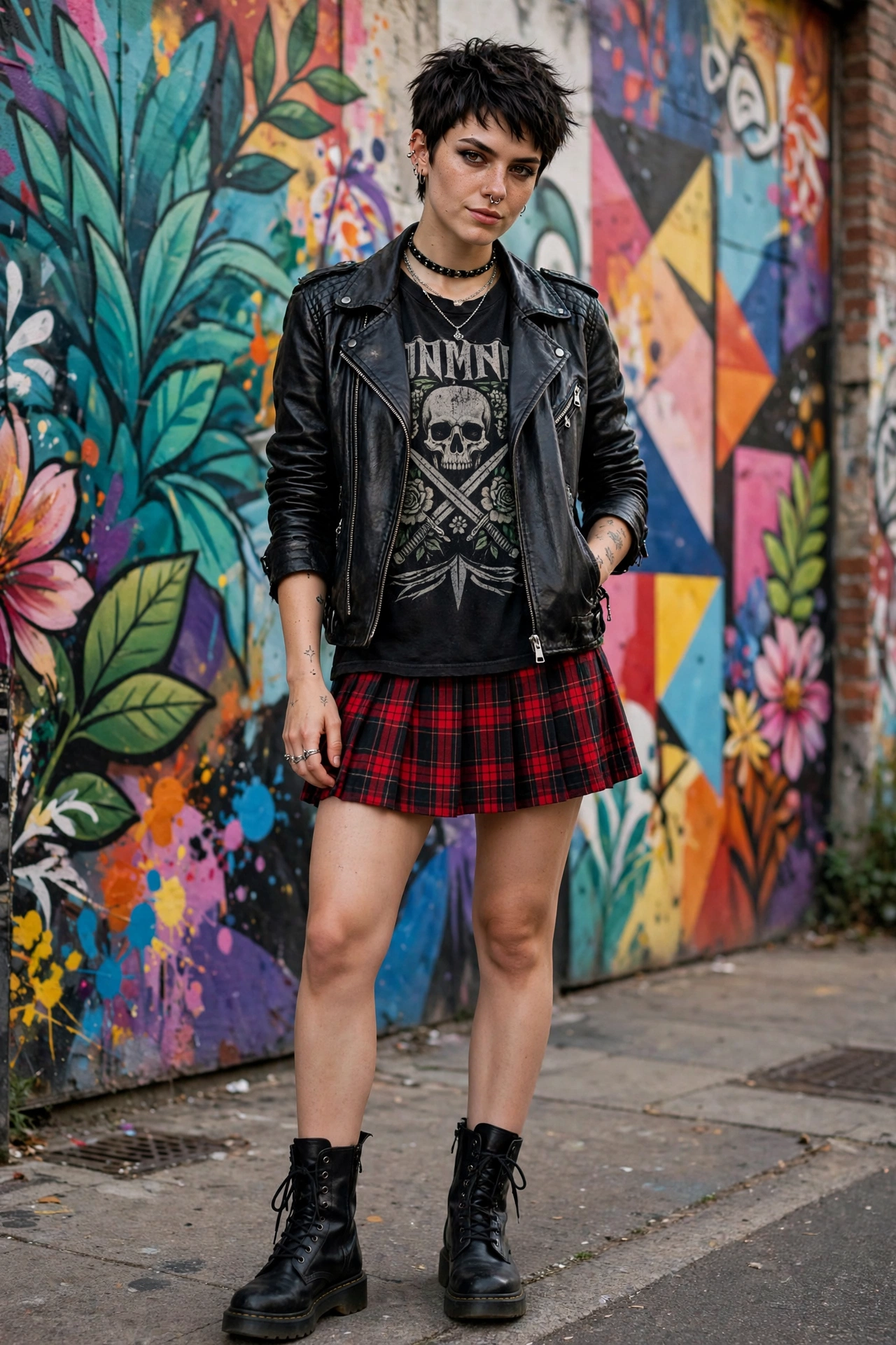 Woman in a cropped leather jacket with high-waisted jeans and ankle boots