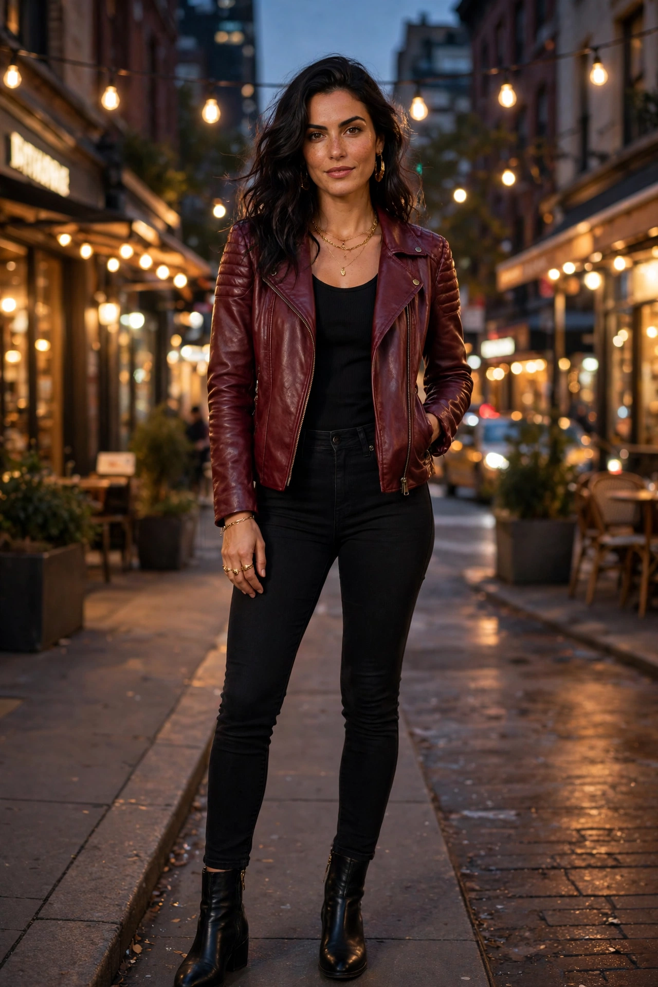 Woman in a burgundy leather jacket with neutral top and jeans