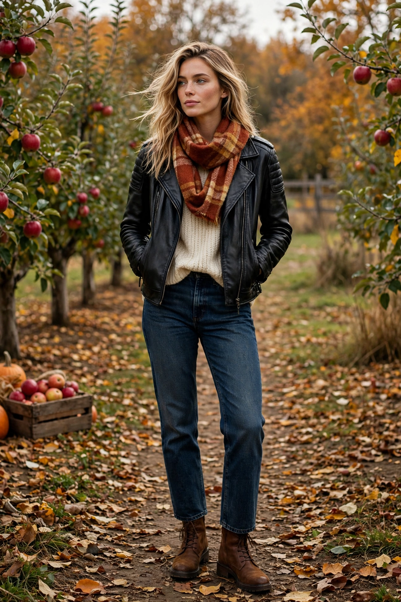 Woman wearing a leather jacket over a gray hoodie with jeans and sneakers