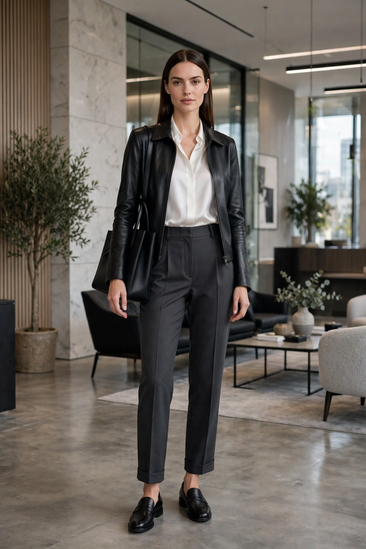 Woman in a leather jacket with wide-leg black pants and heels