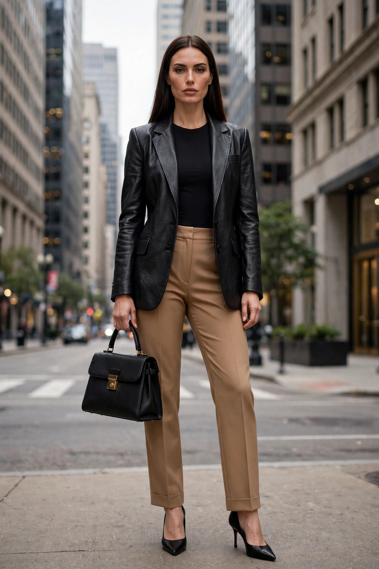 Woman in a leather jacket with matching leather pants and ankle boots
