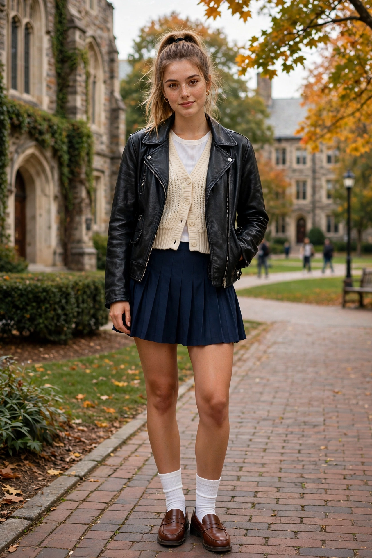 Woman wearing a leather jacket with a graphic band tee and ripped jeans