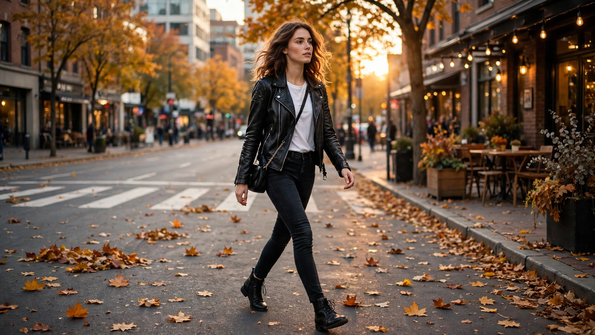 Woman wearing a black leather moto jacket with jeans, the ultimate edgy staple