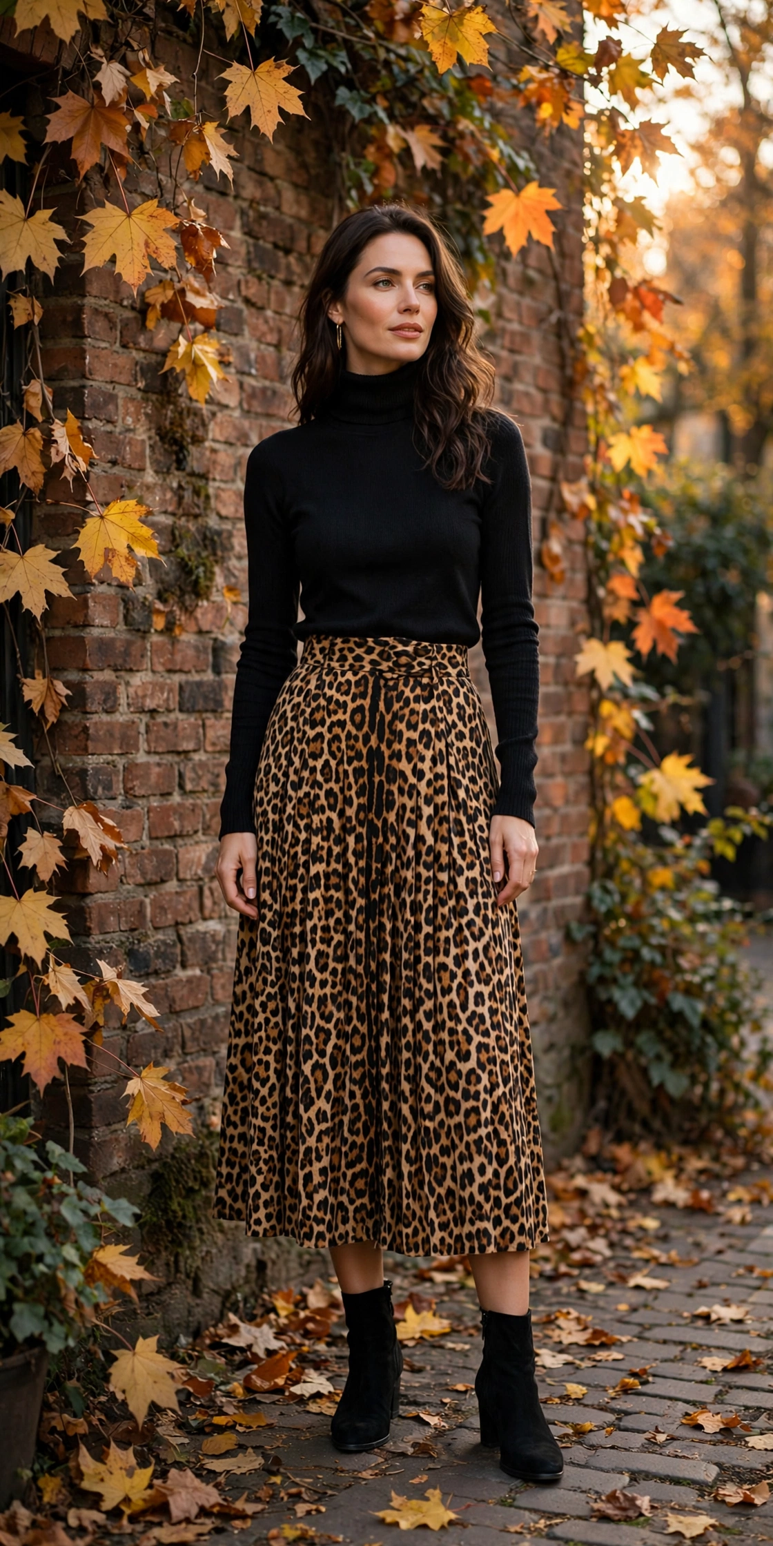 Woman in a leopard print coat over an all-black outfit with ankle boots