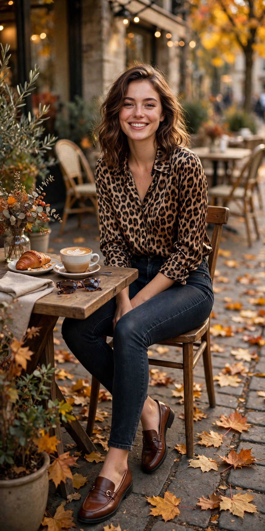 Woman wearing a leopard print midi skirt with a black turtleneck and boots