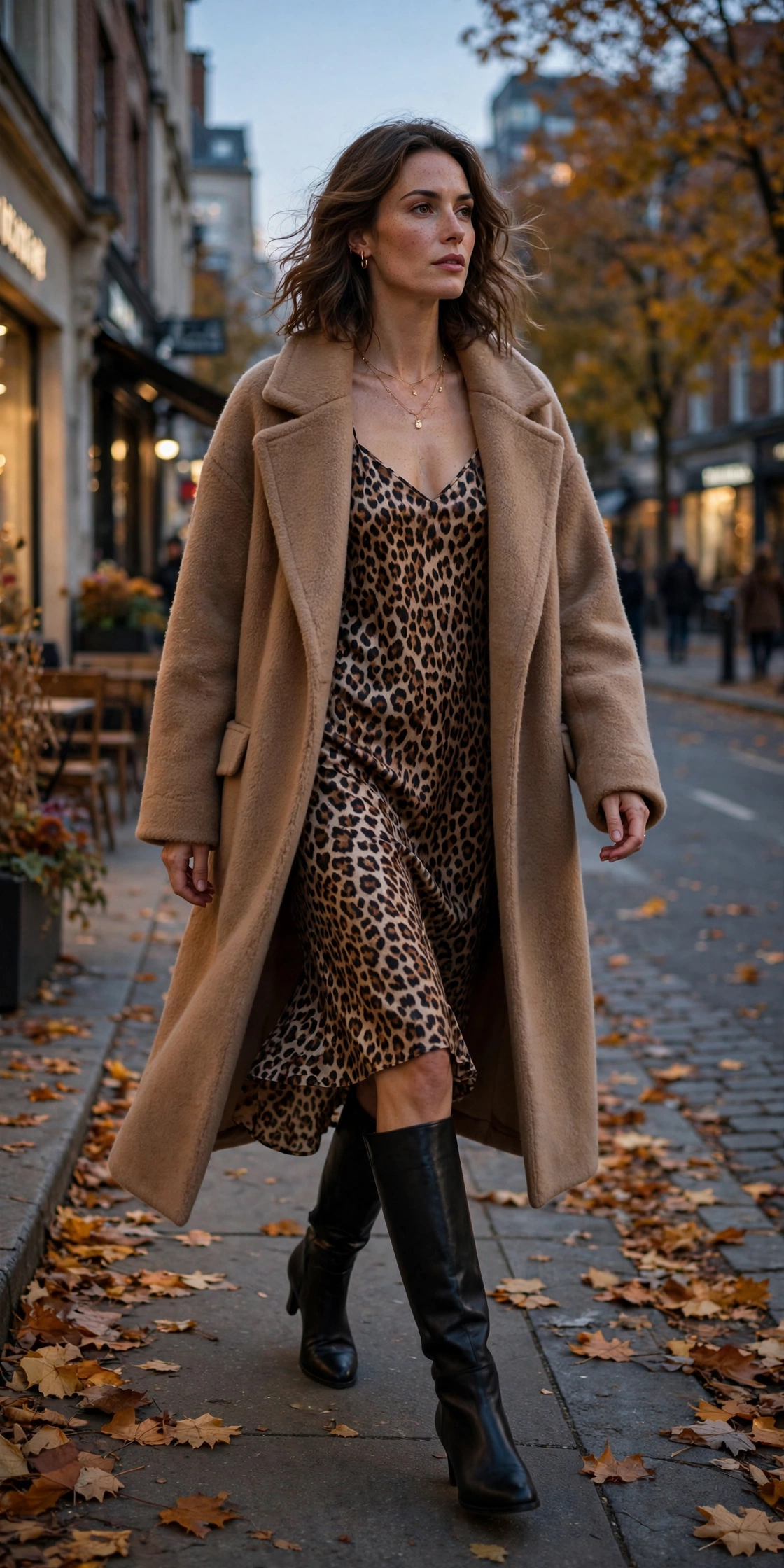 Woman in a leopard print wrap dress with black knee-high boots