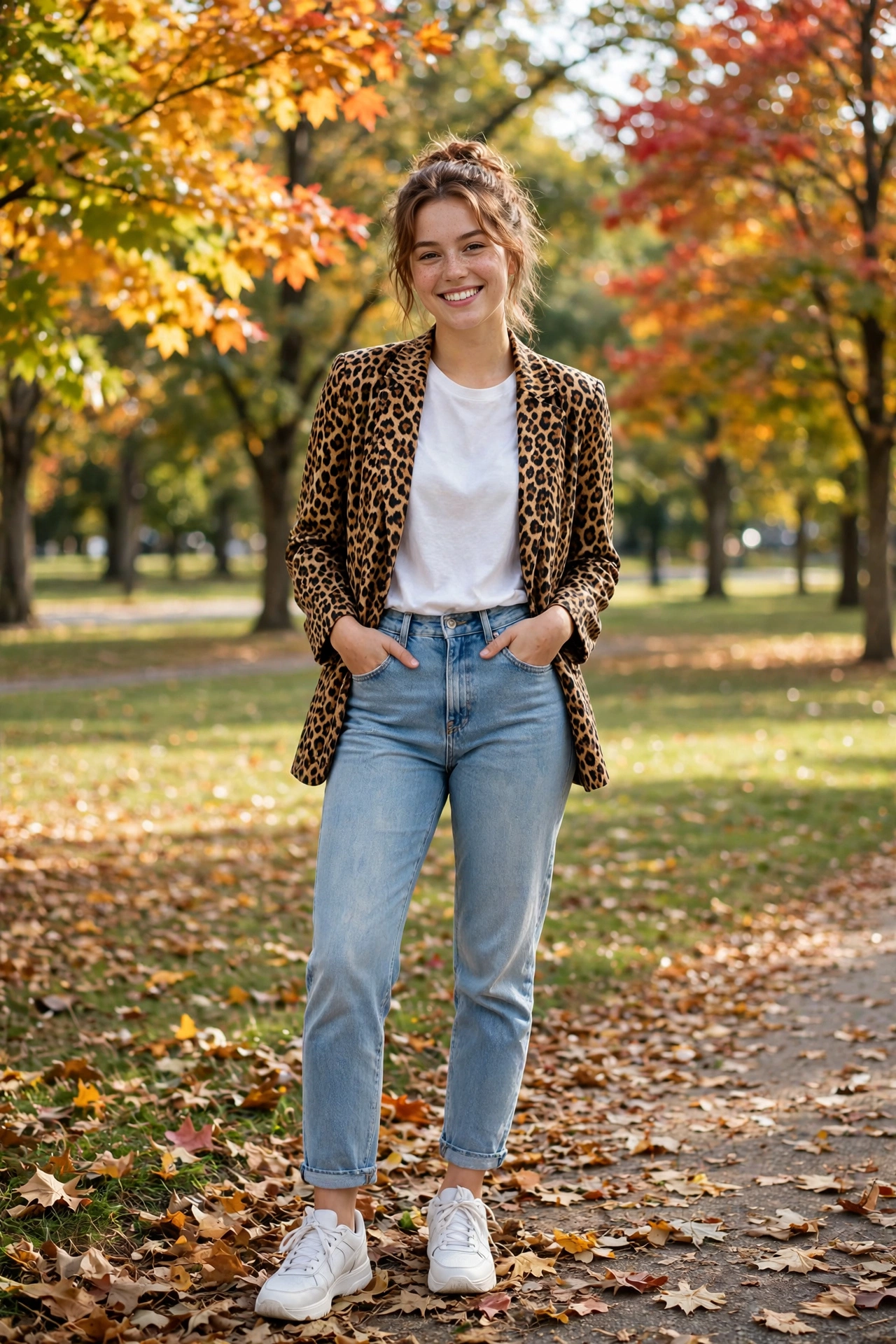 Woman wearing leopard print flats with a camel sweater and jeans
