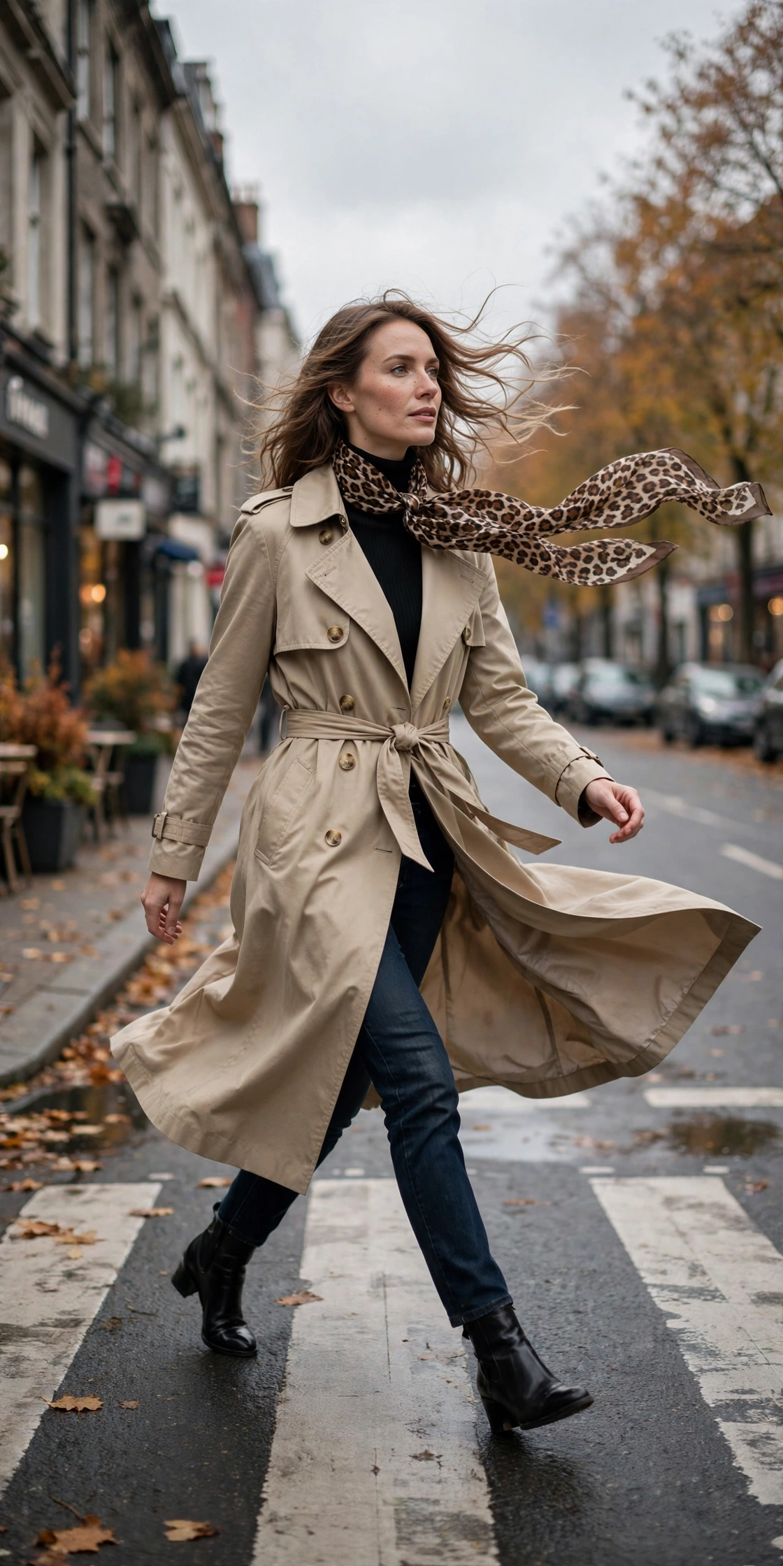Woman in a leopard mini skirt with an oversized cream sweater, tights and boots