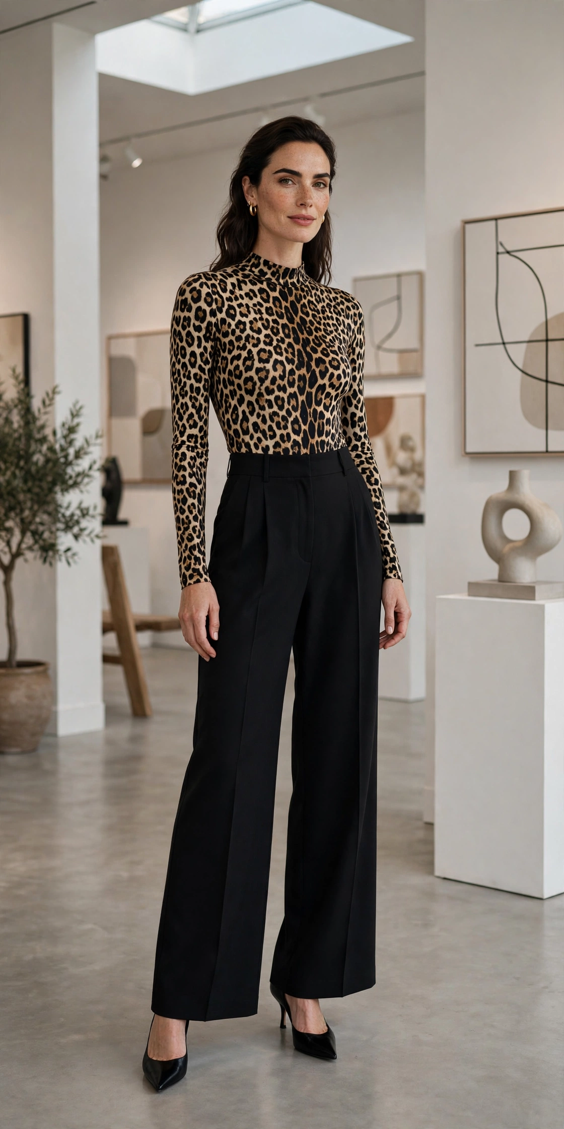 Woman carrying a leopard print handbag with an all-black monochrome outfit