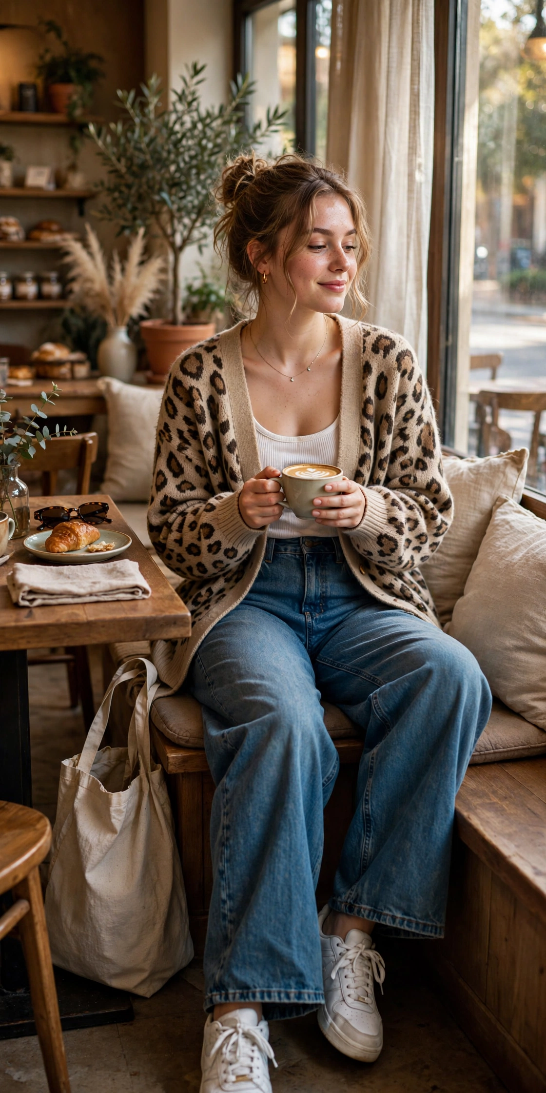 Woman in a leopard print cardigan with dark jeans and ankle boots