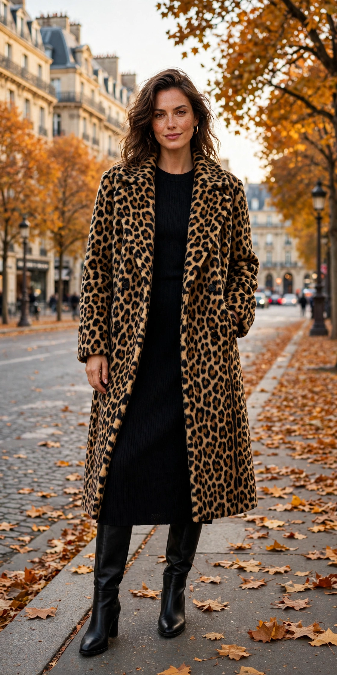 Woman wearing leopard print ankle boots with black tights and a sweater dress