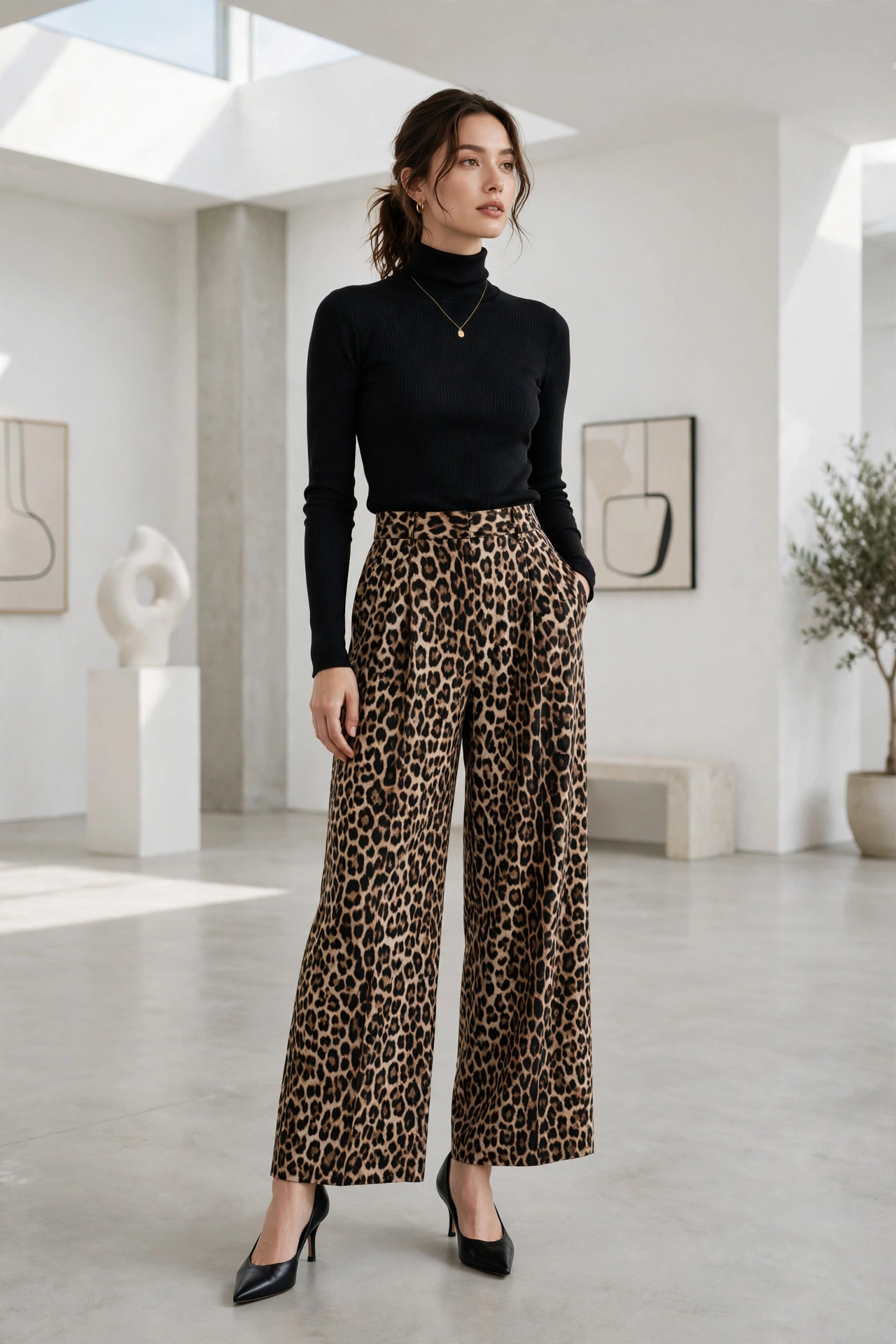 Woman in head-to-toe leopard print dress with solid black accessories