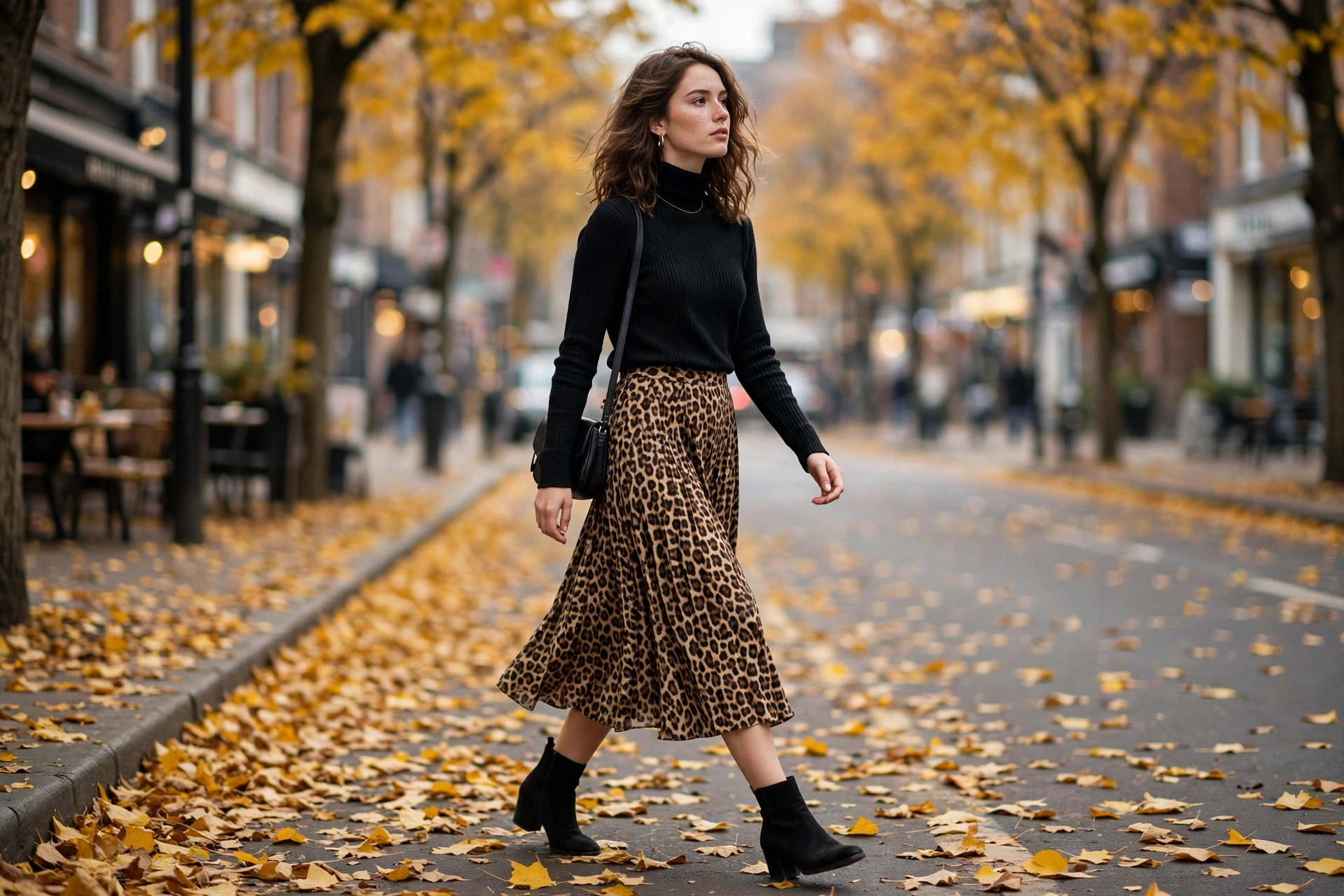 Woman wearing a leopard print coat over a black outfit in autumn, fierce fall fashion