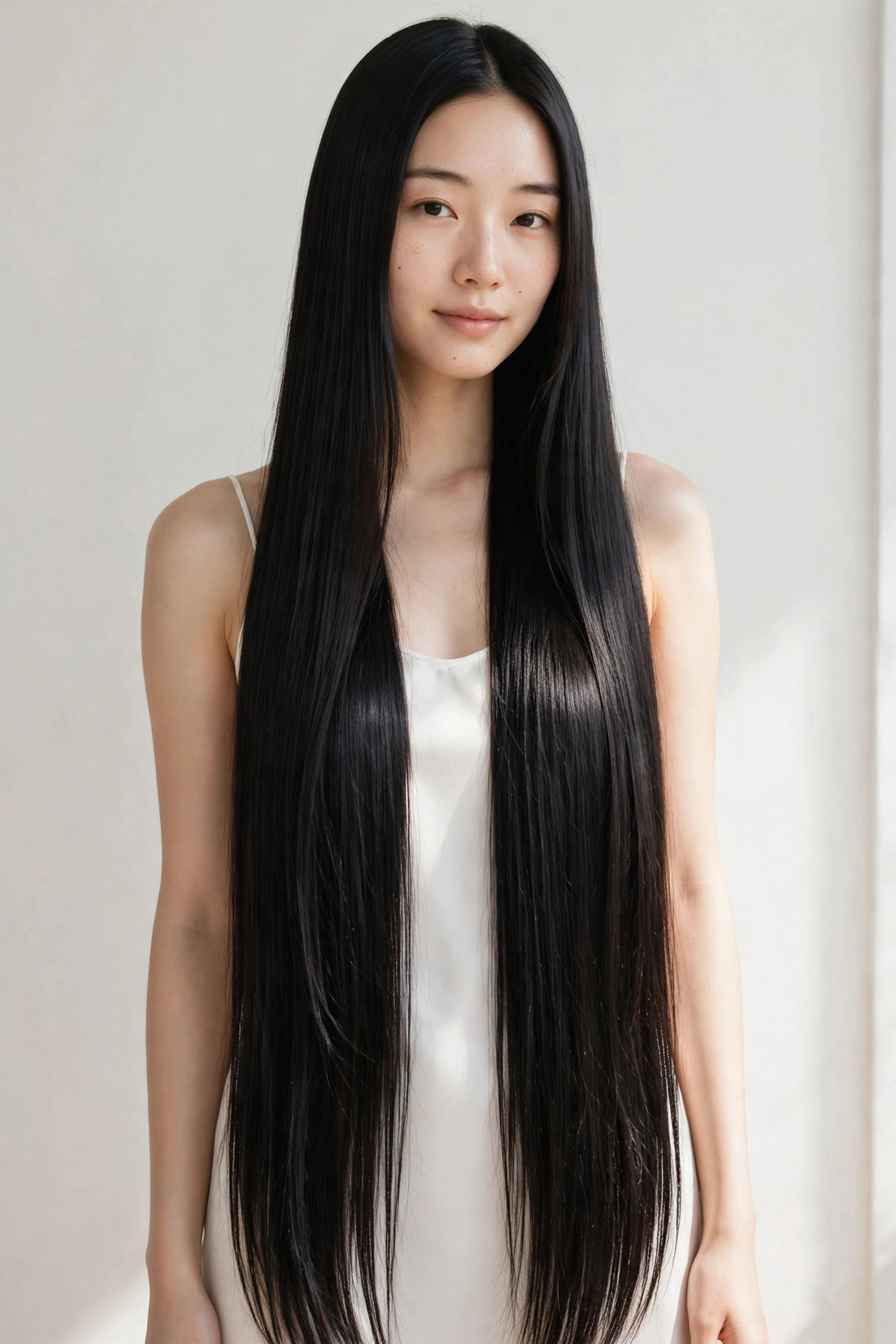 Woman with sleek glass hair, an elegant long hair hairstyle idea