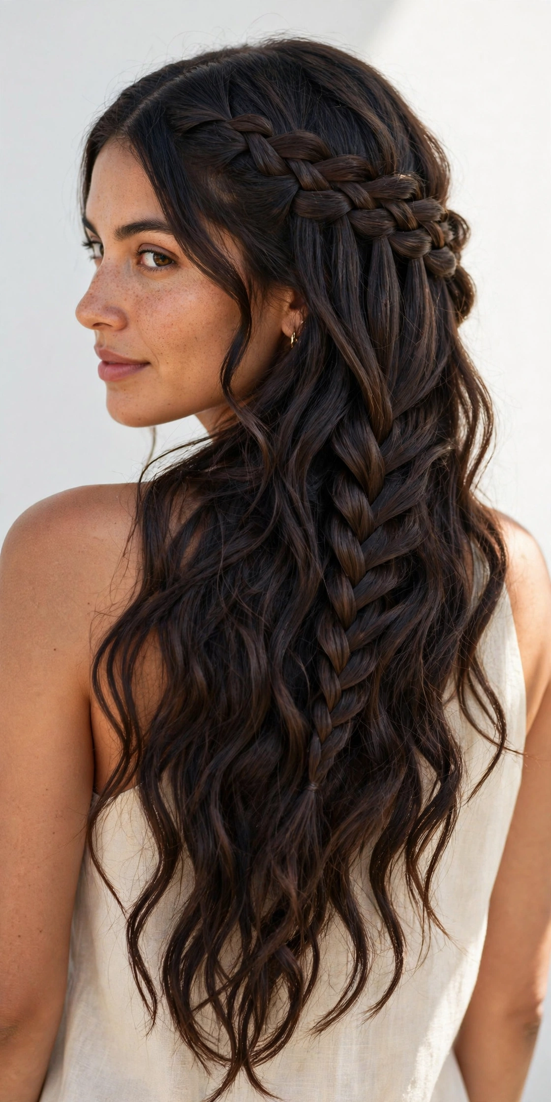 Woman with a waterfall braid, a romantic long hair hairstyle idea
