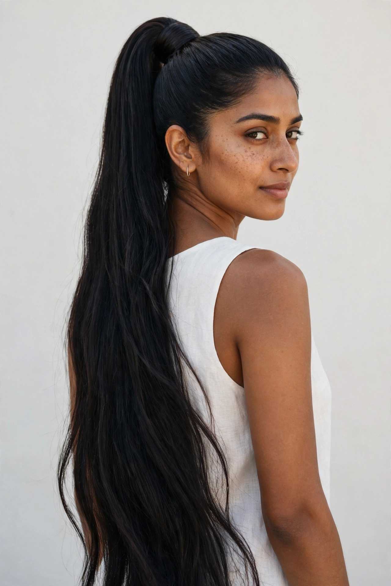 Woman with a high mermaid ponytail, a glamorous long hair hairstyle idea