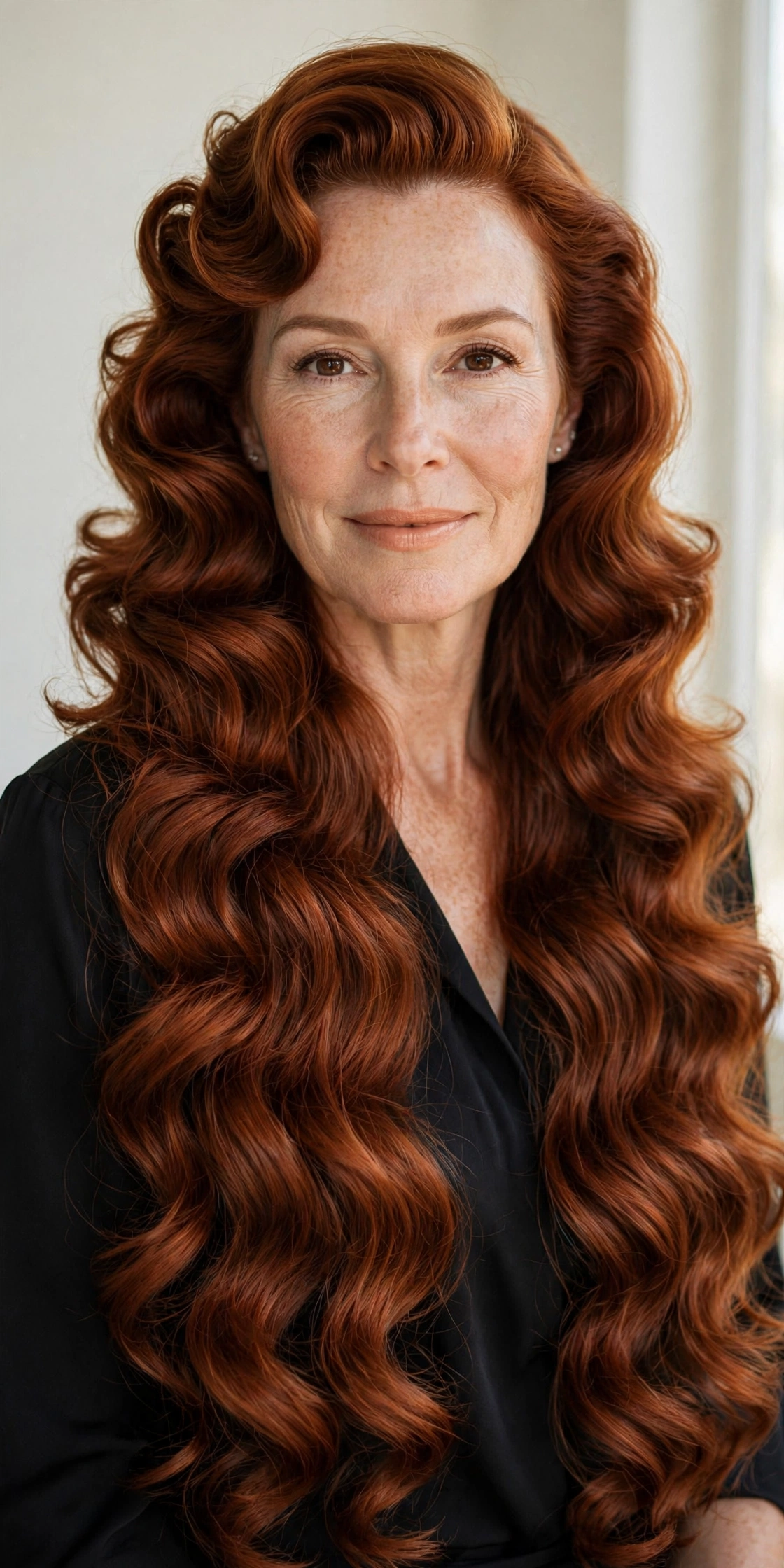 Woman with old Hollywood glam curls, a timeless long hair hairstyle idea