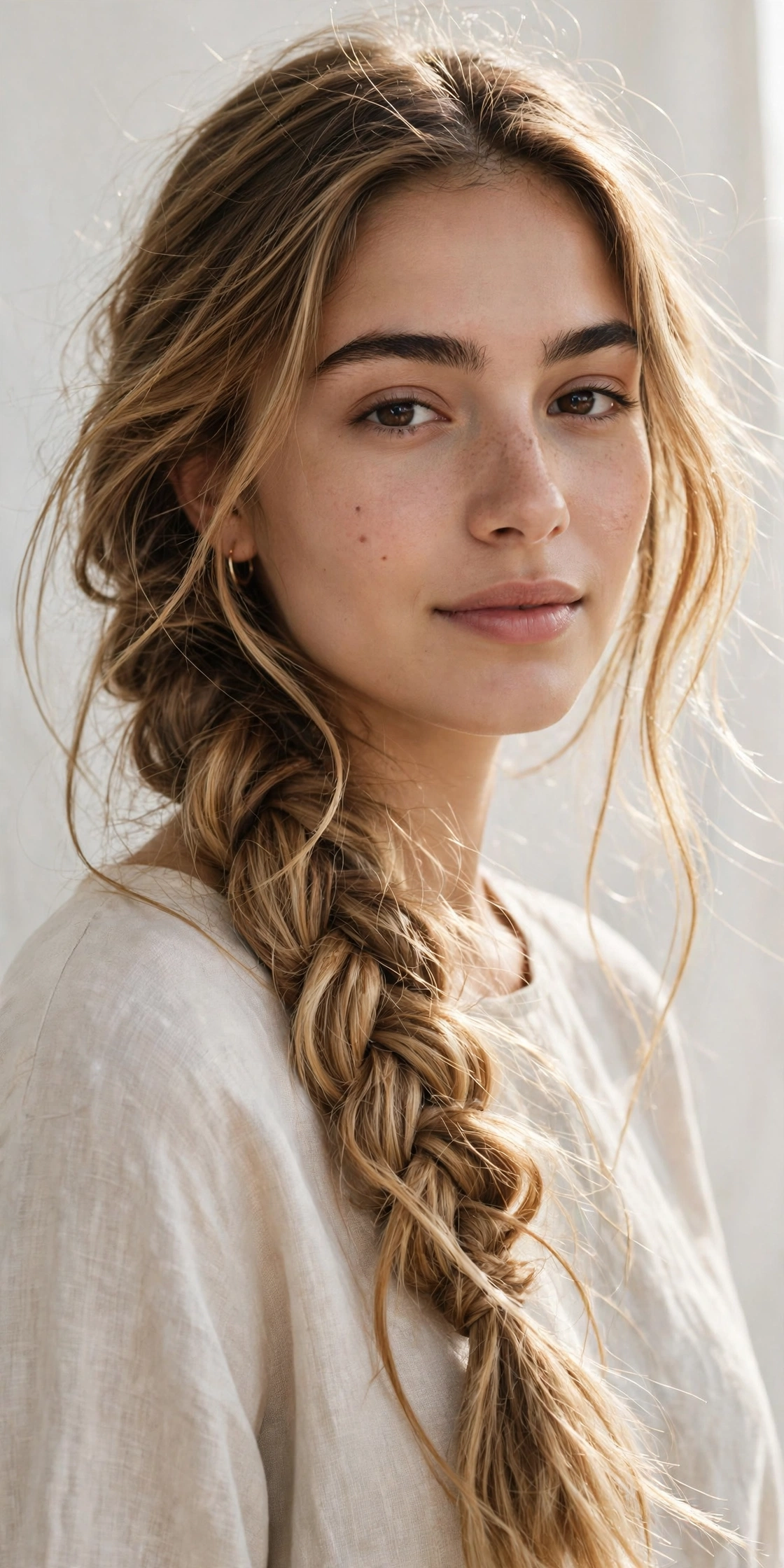Woman with a boho fishtail braid, a relaxed long hair hairstyle idea