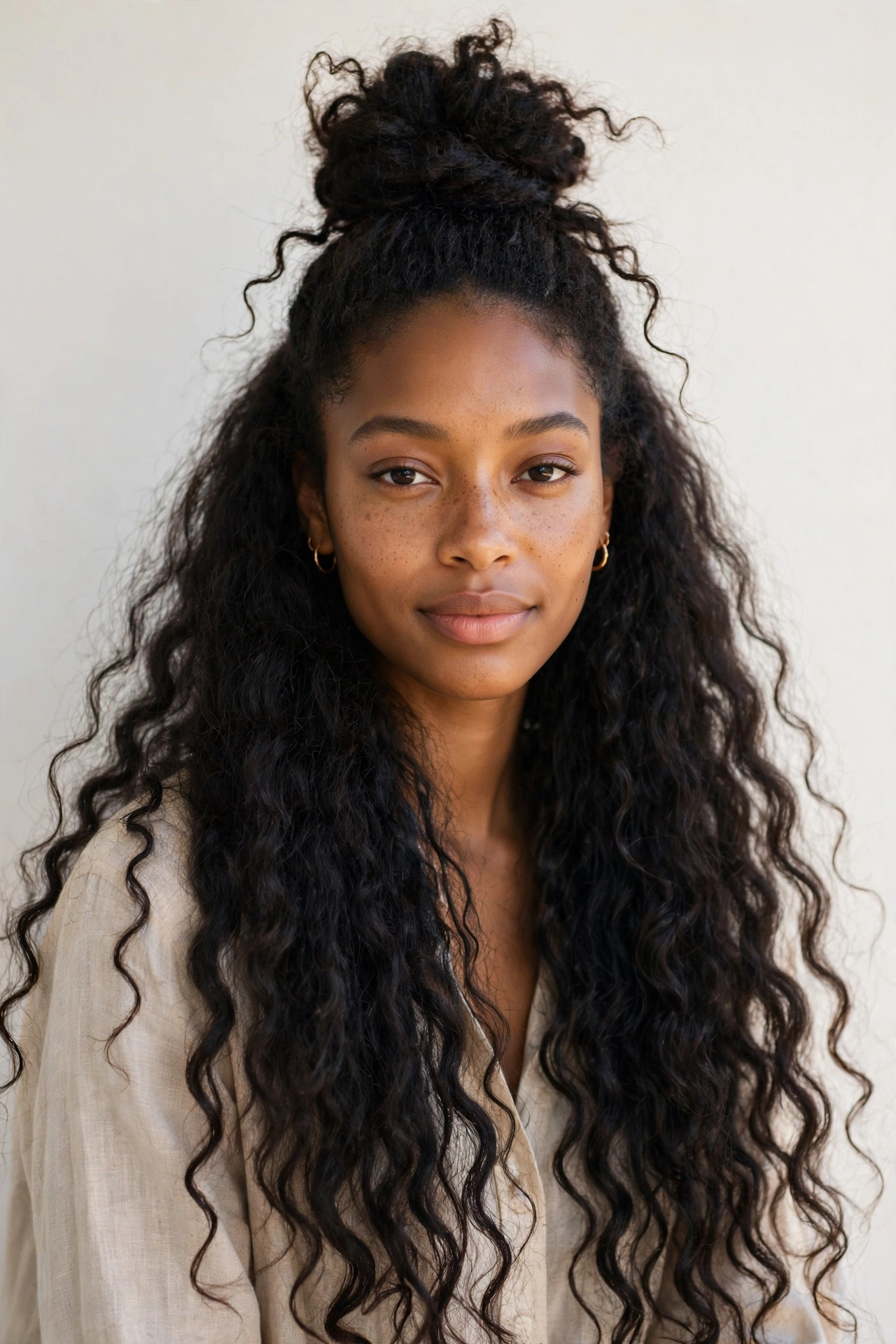 Woman with a half-up top knot, a chic long hair hairstyle idea