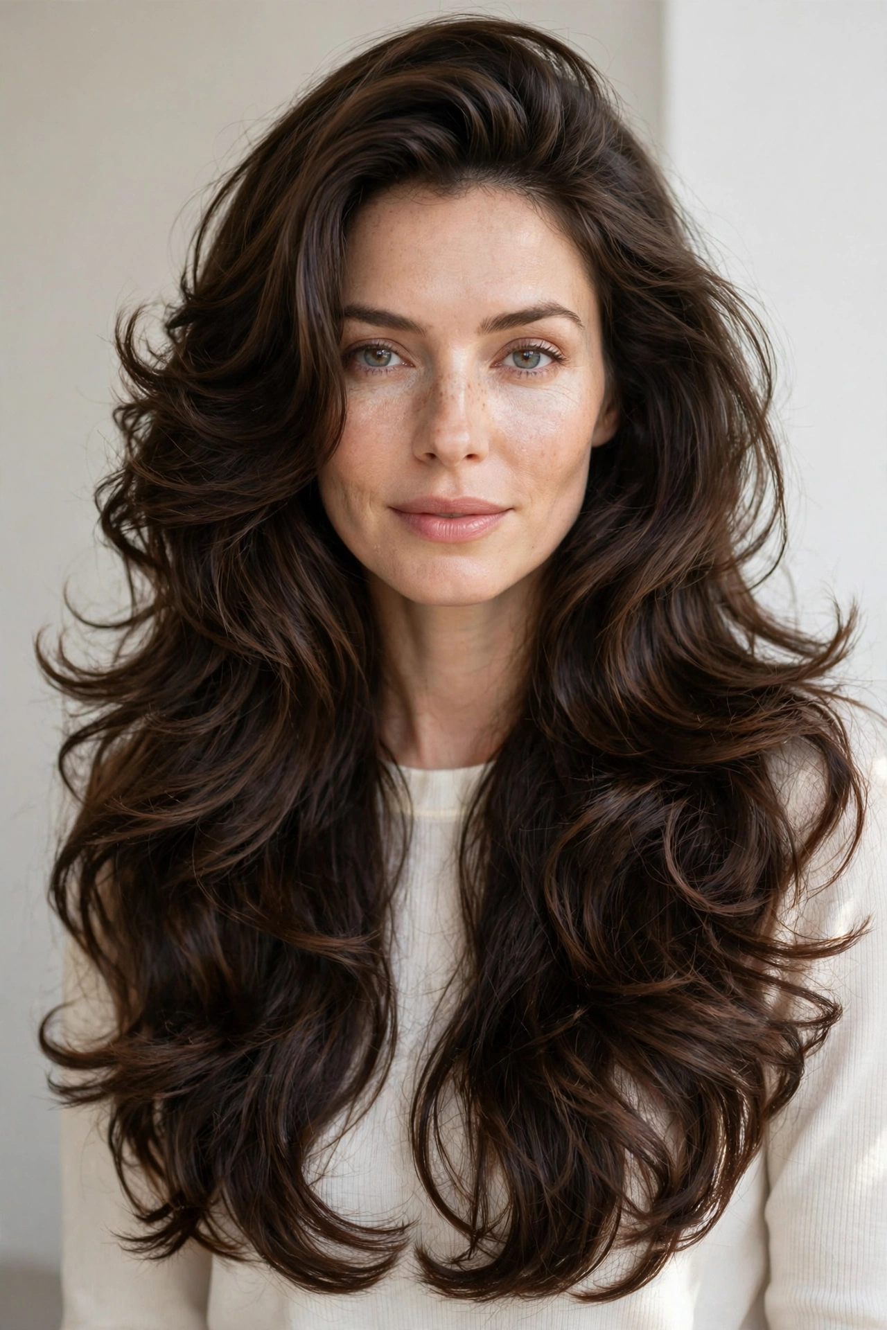 Woman with voluminous blowout layers, a polished long hair hairstyle idea