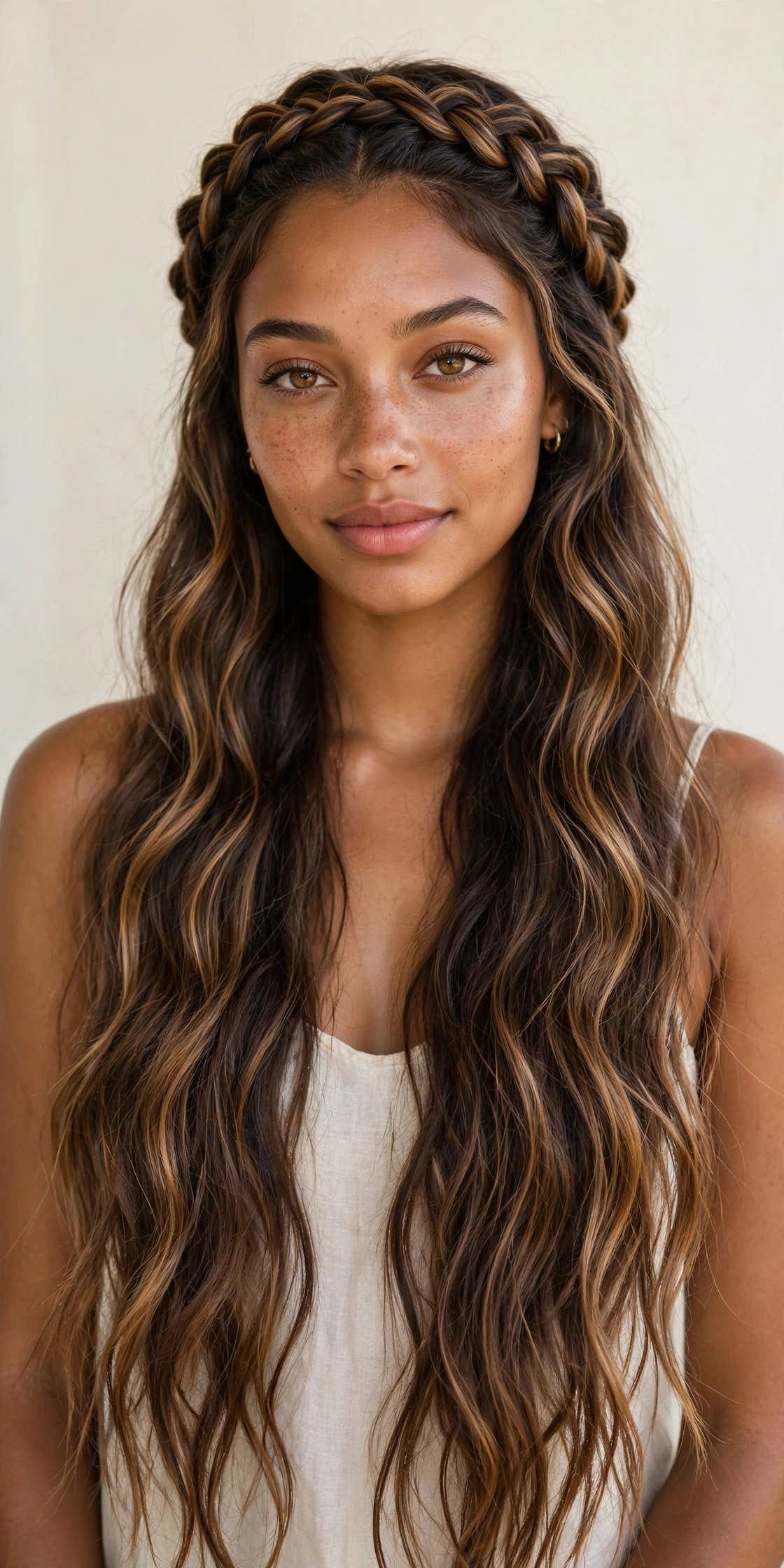 Woman with a Dutch braid crown, a regal long hair hairstyle idea