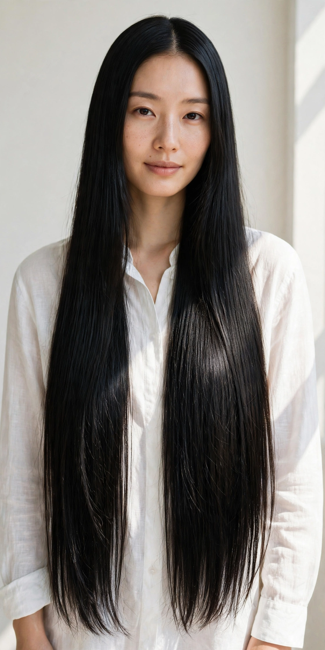 Woman with silky straight hair and a middle part, a minimalist long hair hairstyle idea