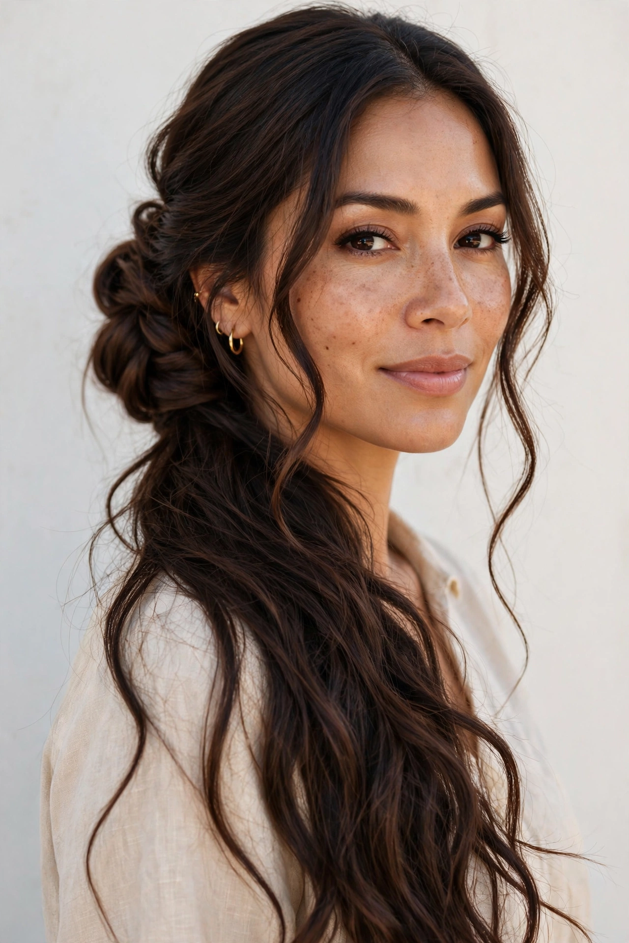 Woman with a romantic loose low bun, a feminine long hair hairstyle idea