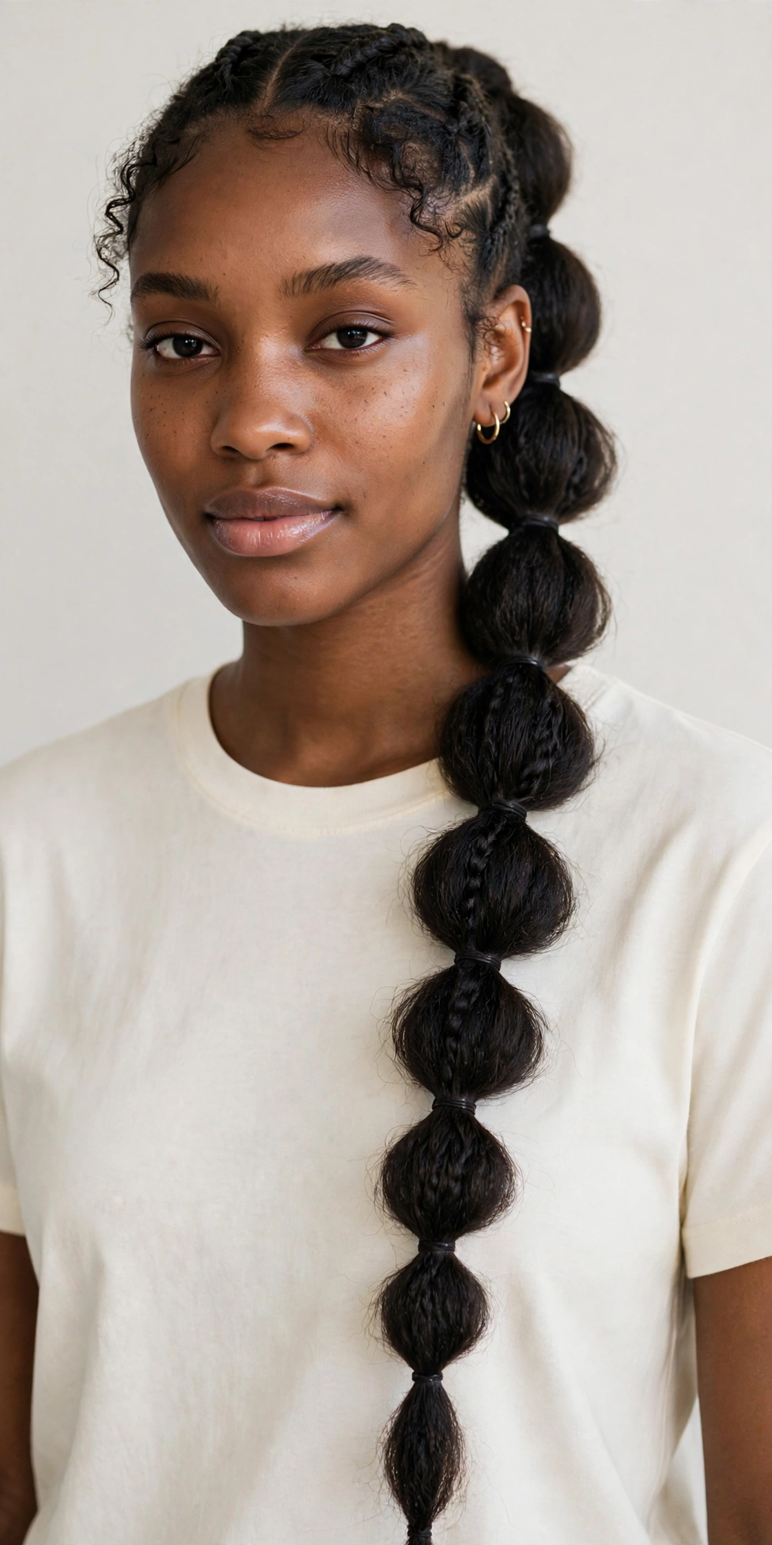 Woman with a bubble braid ponytail, a playful long hair hairstyle idea
