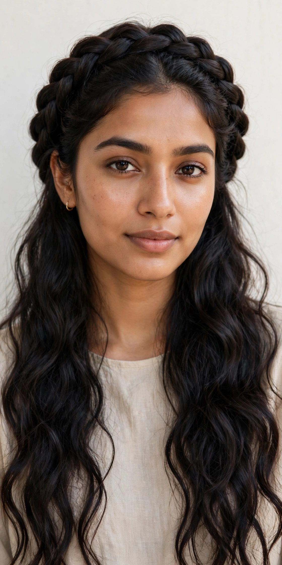 Woman with a twisted halo braid, an angelic long hair hairstyle idea