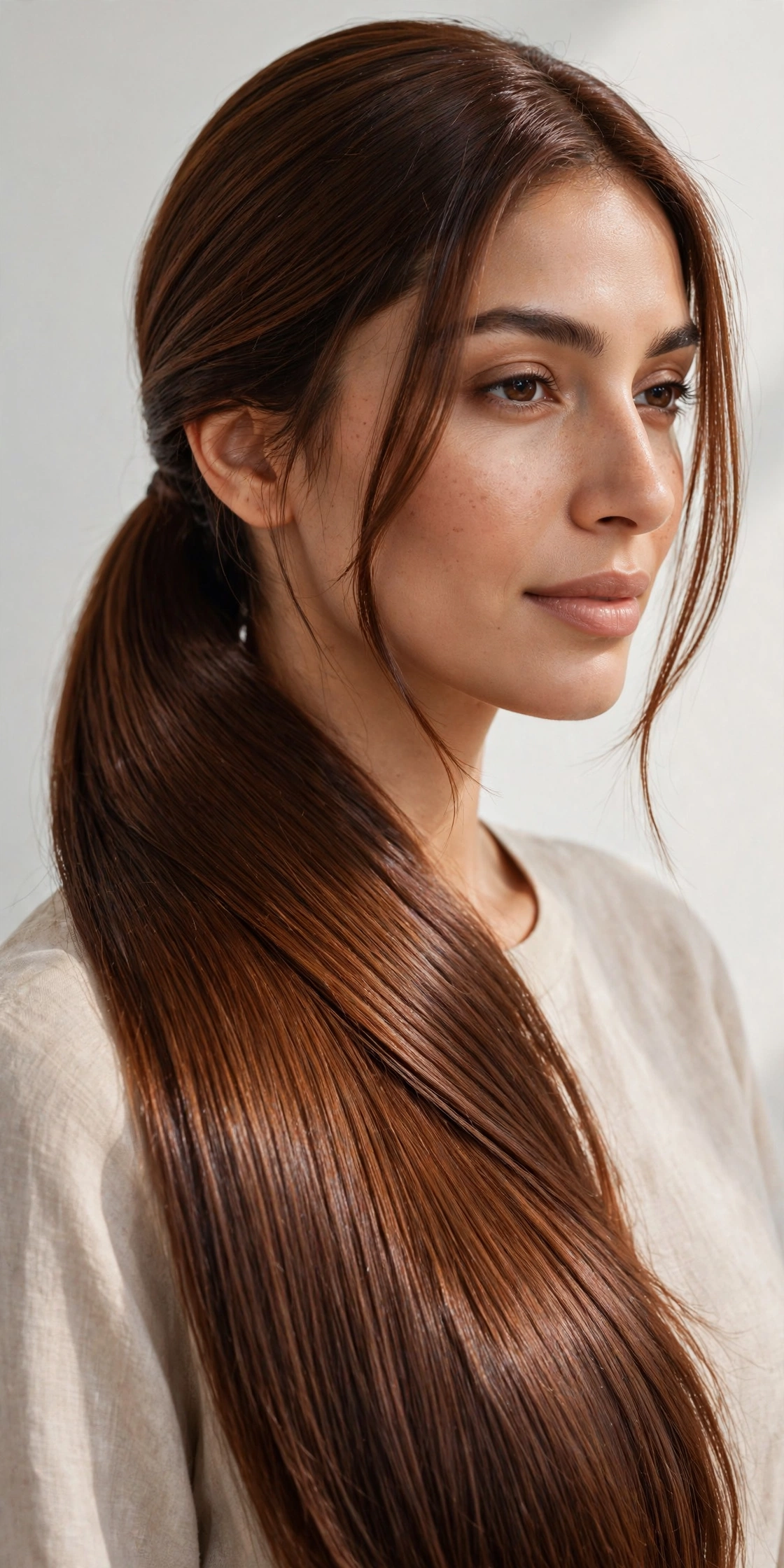 Woman with a low sleek side ponytail, a sophisticated long hair hairstyle idea