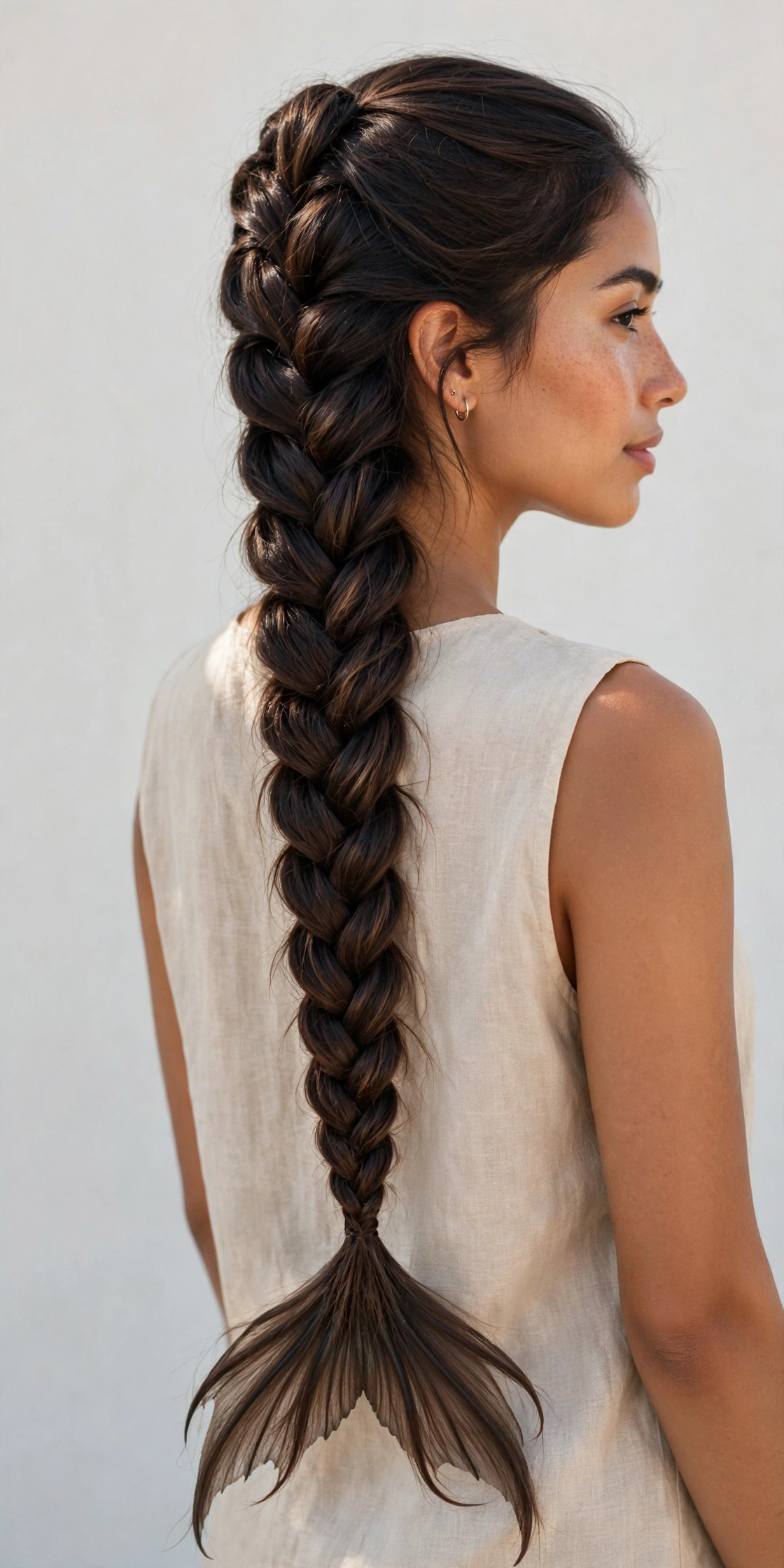 Woman with a mermaid fishtail braid, a showstopping long hair hairstyle idea