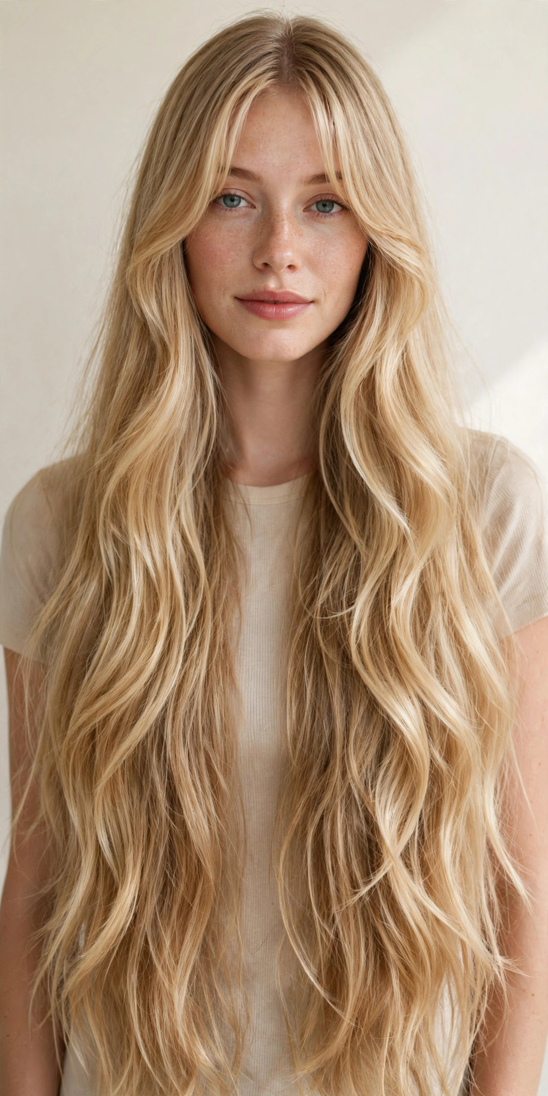 Woman with curtain bangs and long layers, a trendy long hair hairstyle idea