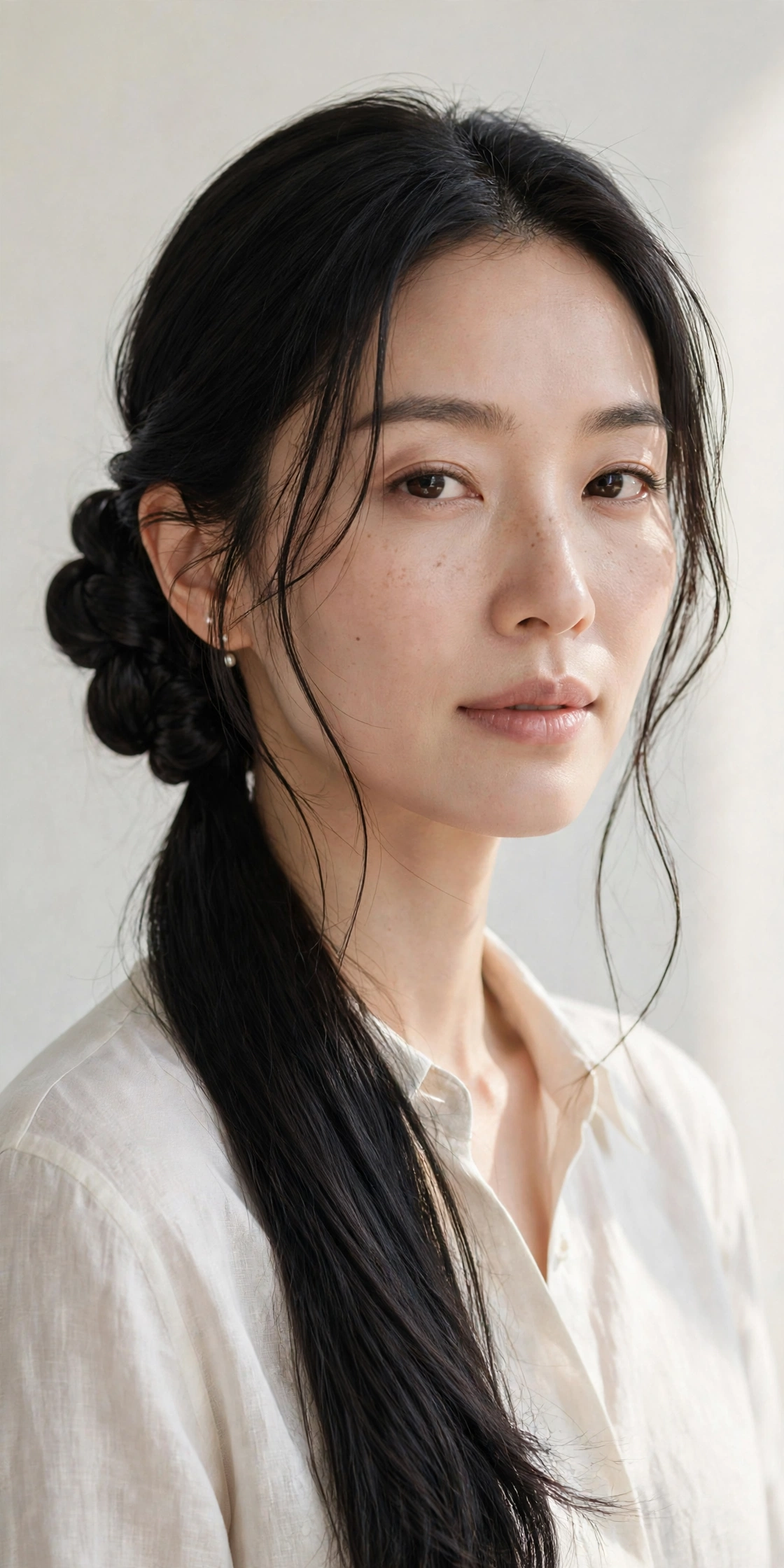 Woman with an elegant low chignon, a sophisticated long hair hairstyle idea