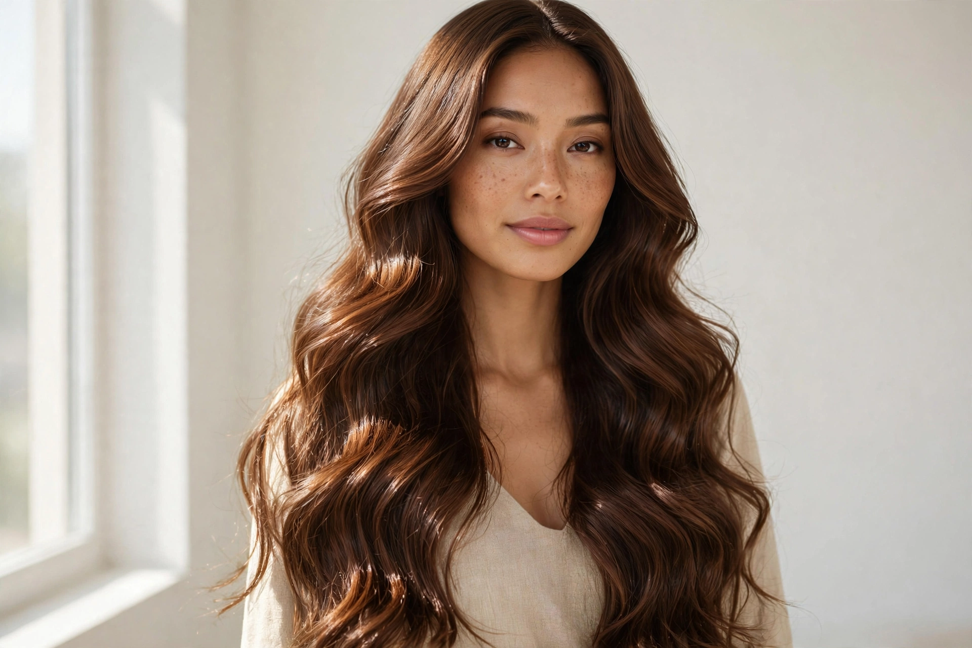 Woman with long flowing wavy hair, showcasing beautiful long hair hairstyle ideas