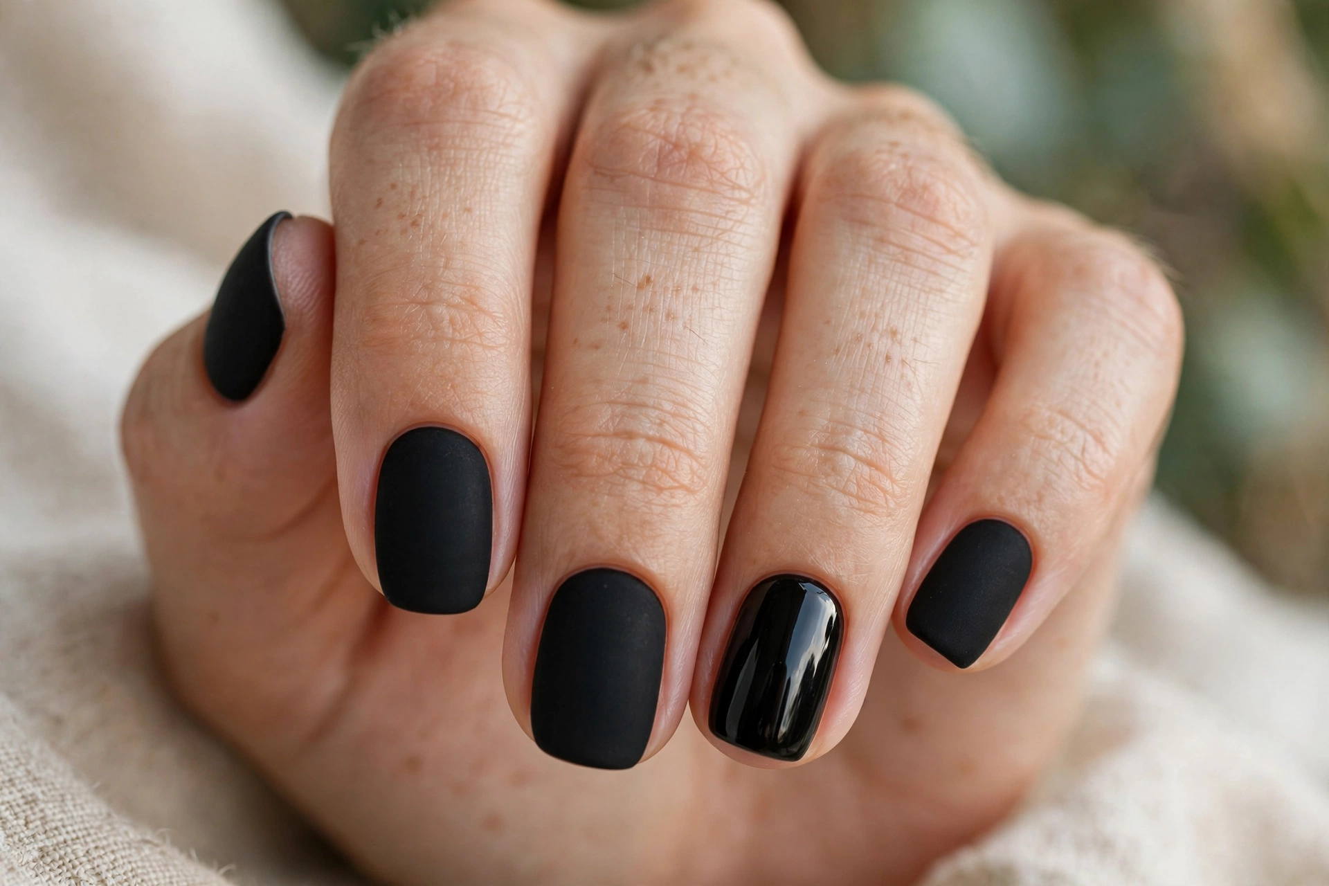 Matte black nail designs with glossy accent nail contrasting finishes