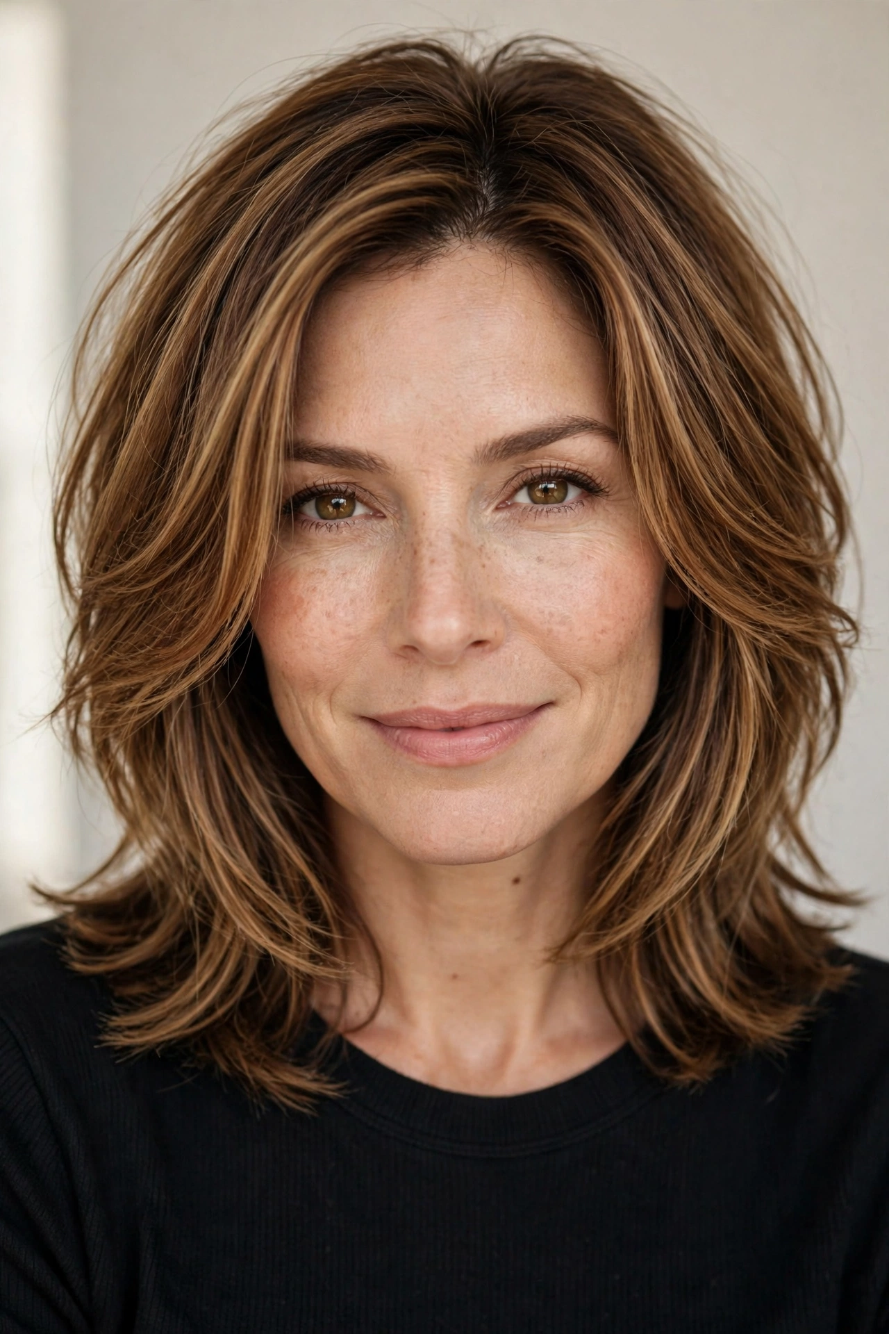 Woman over 40 with a layered lob, one of the best medium length hairstyles