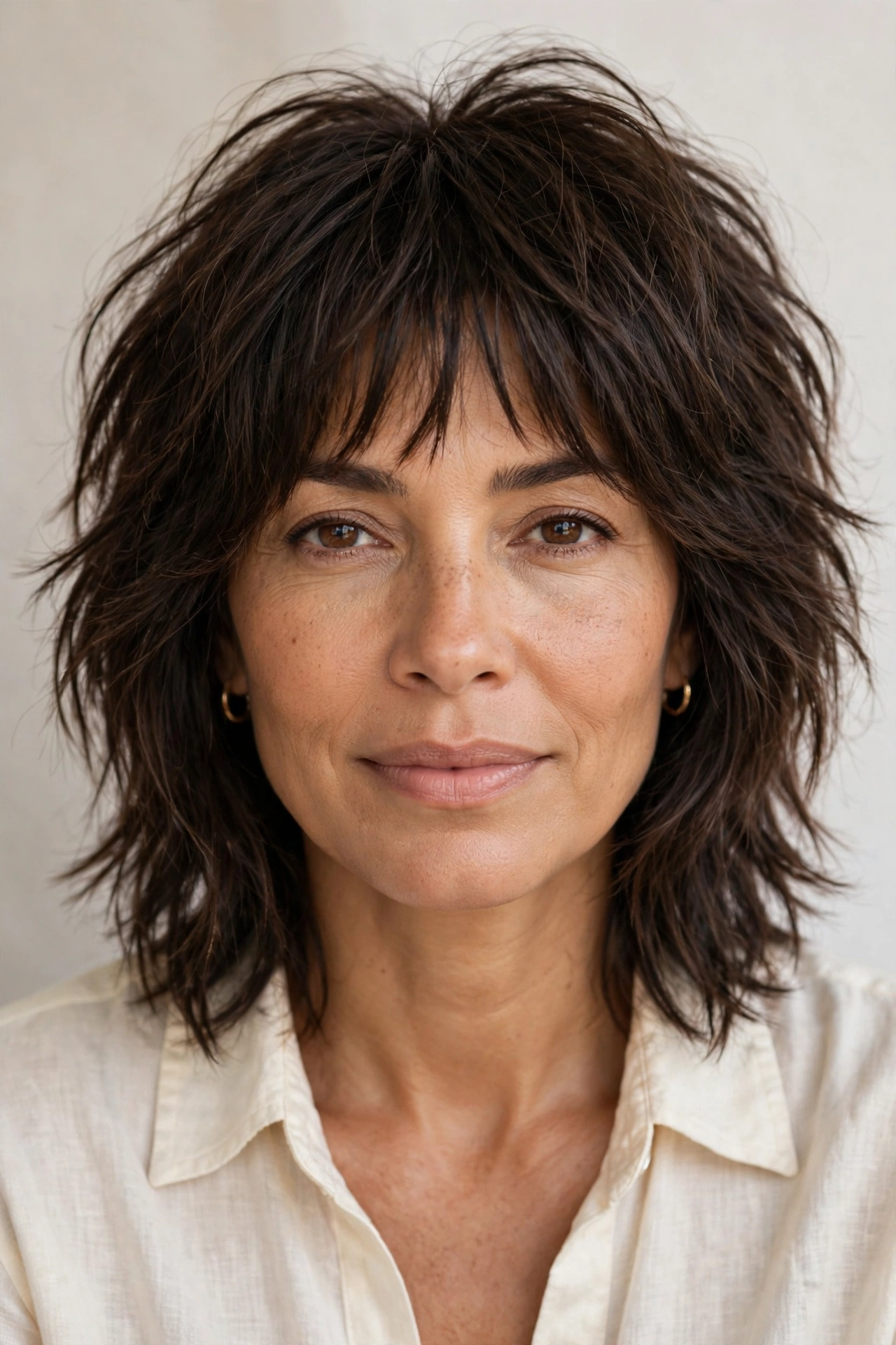 Woman in her 40s with a shoulder-length shag and wispy bangs hairstyle