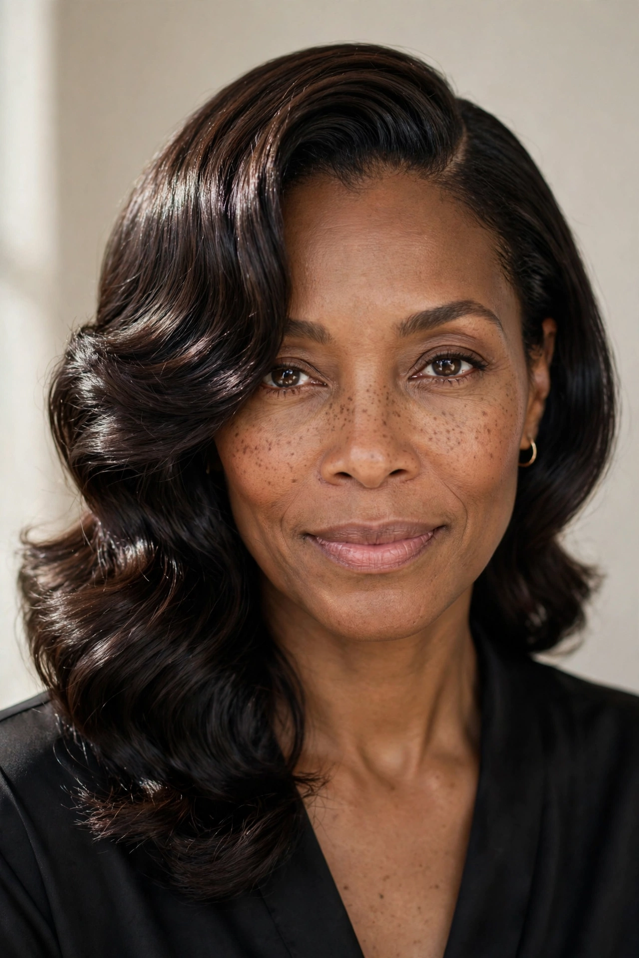 Woman over 40 with soft waves and a deep side part medium length hairstyle