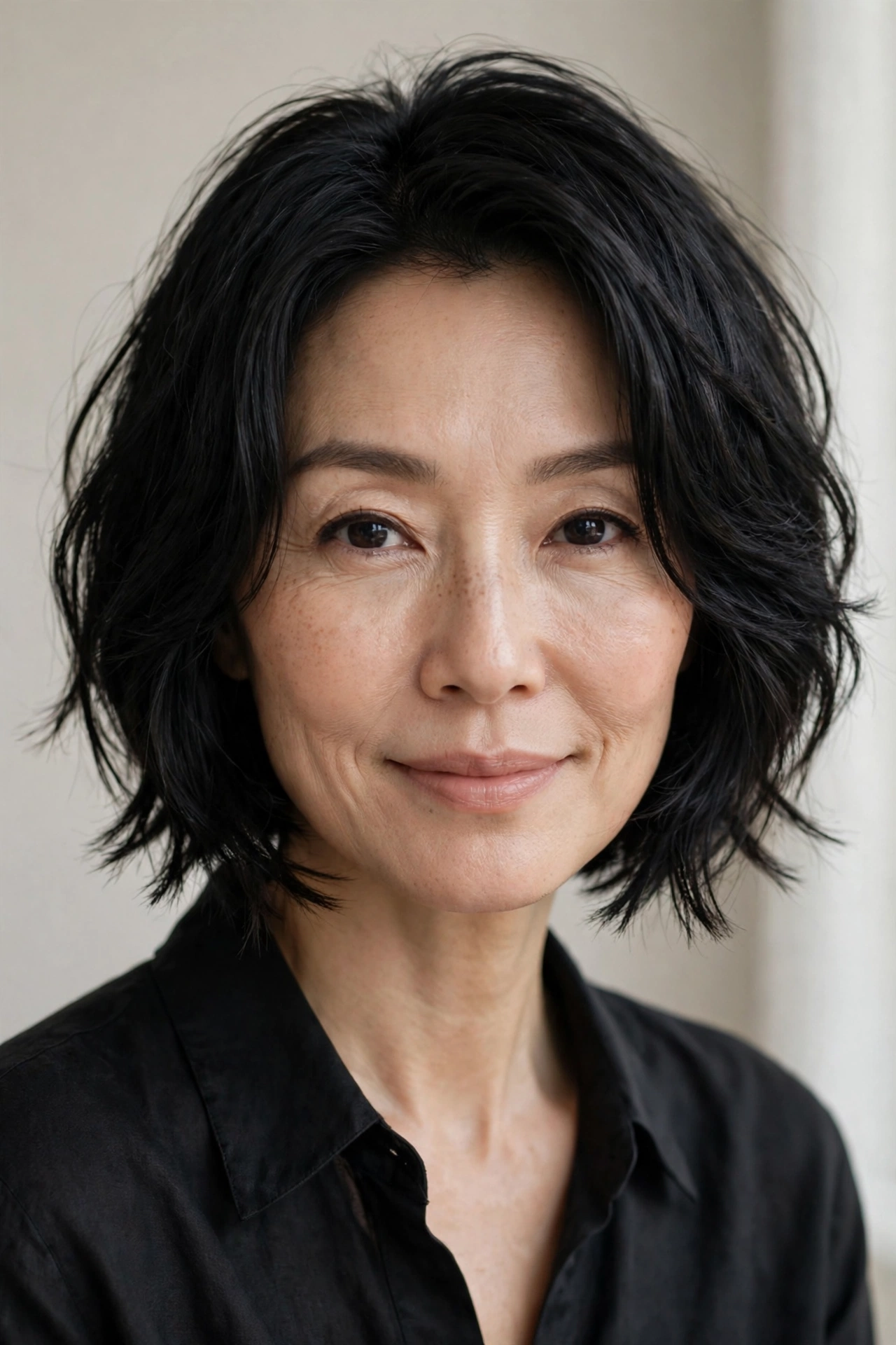 Woman in her 40s with a textured chin-grazing bob lob hairstyle