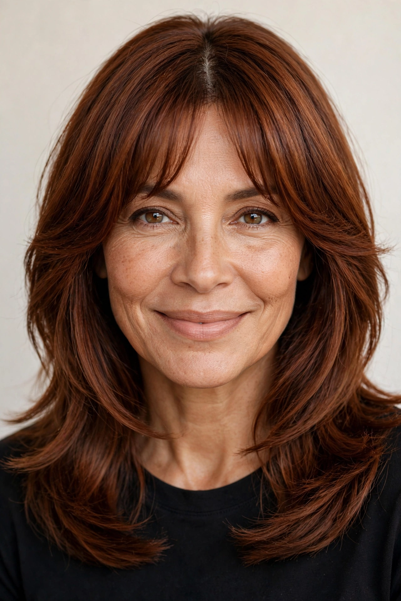 Woman over 40 with curtain bangs and a medium-length haircut