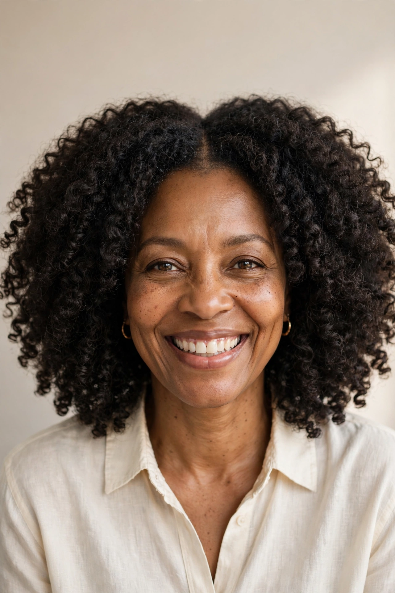 Woman in her 50s with voluminous natural curls and a center part