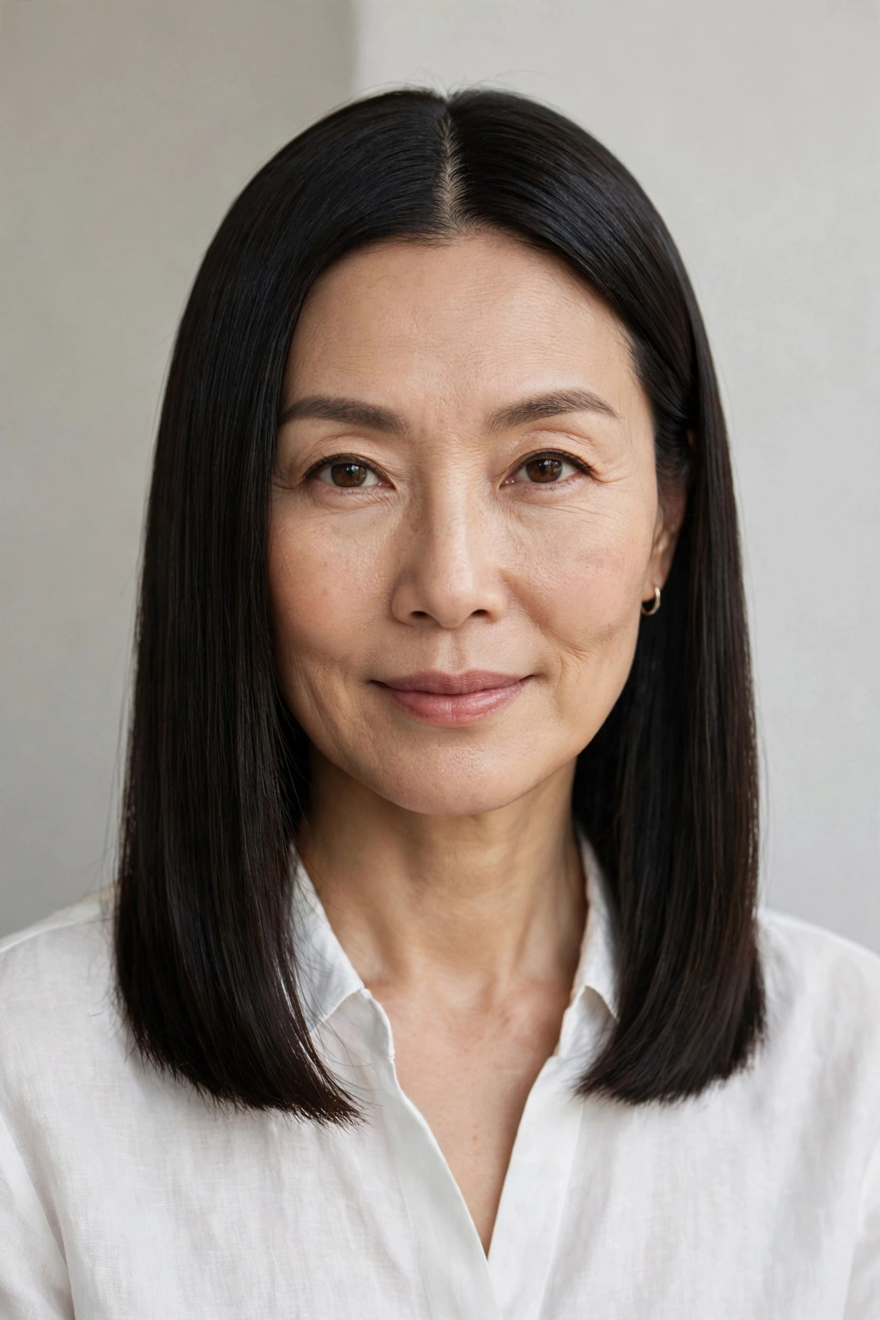 Woman over 40 with a blunt-end shoulder-length haircut