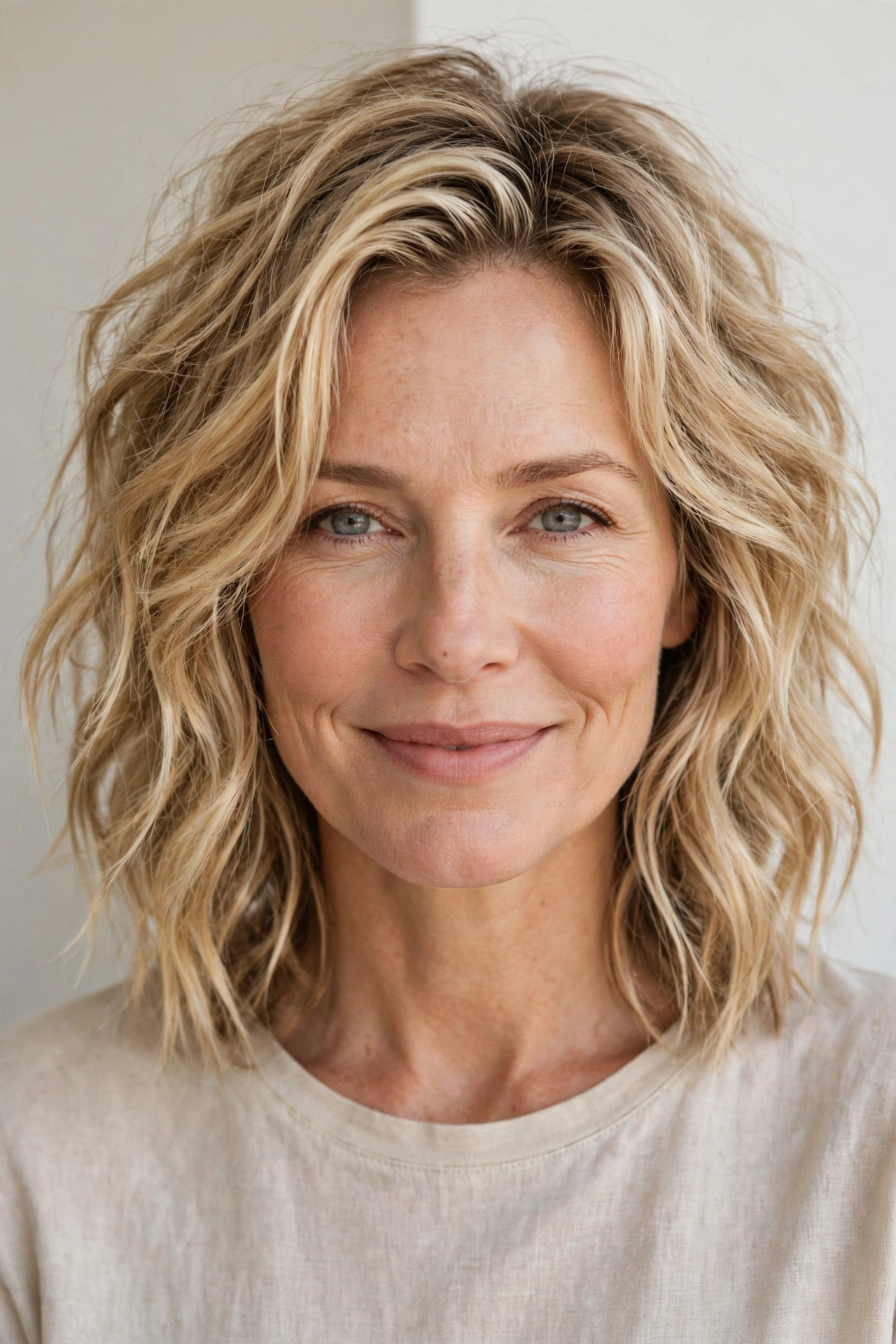 Woman in her 40s with a beachy waves lob hairstyle