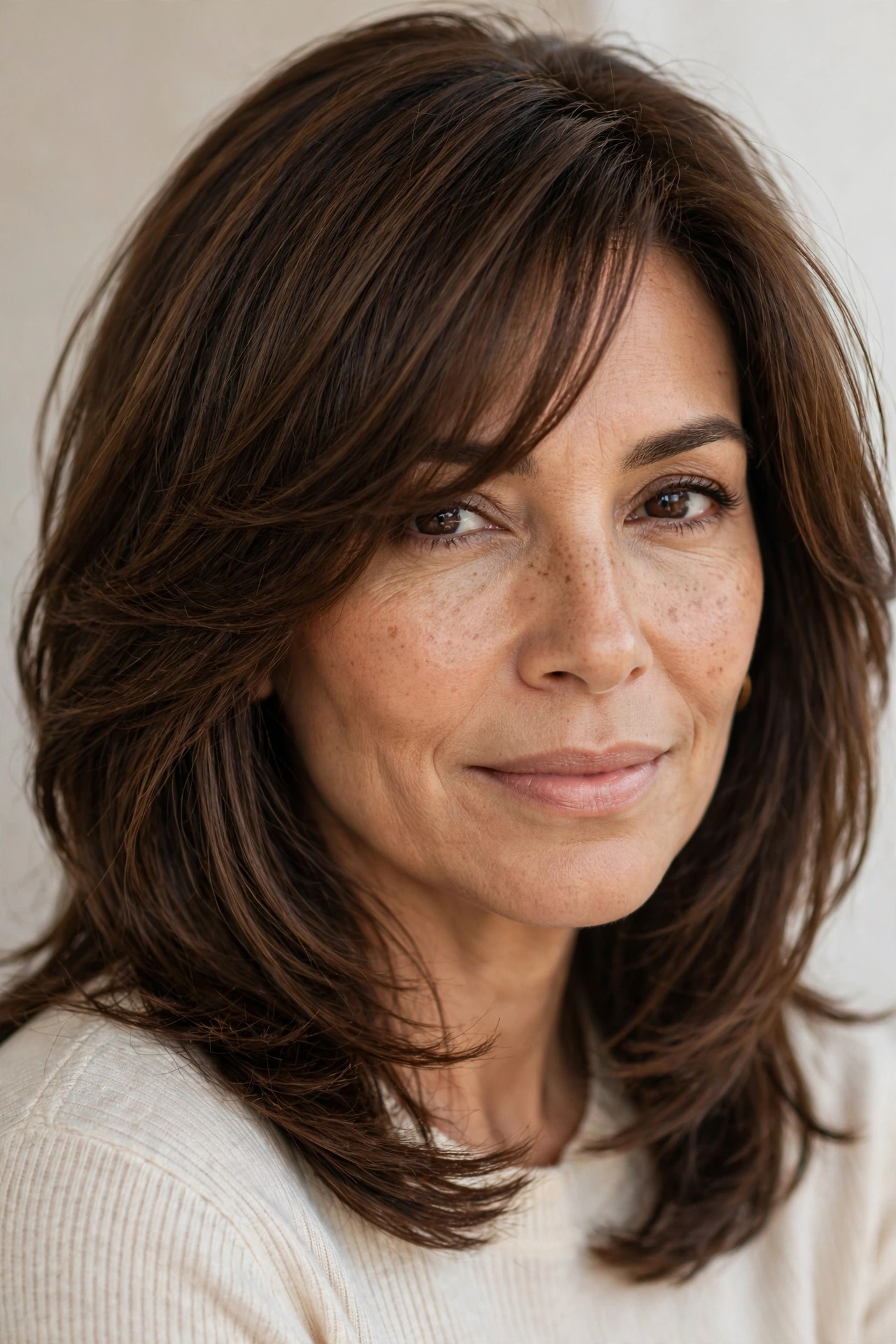Woman over 40 with side-swept bangs and layered medium hair