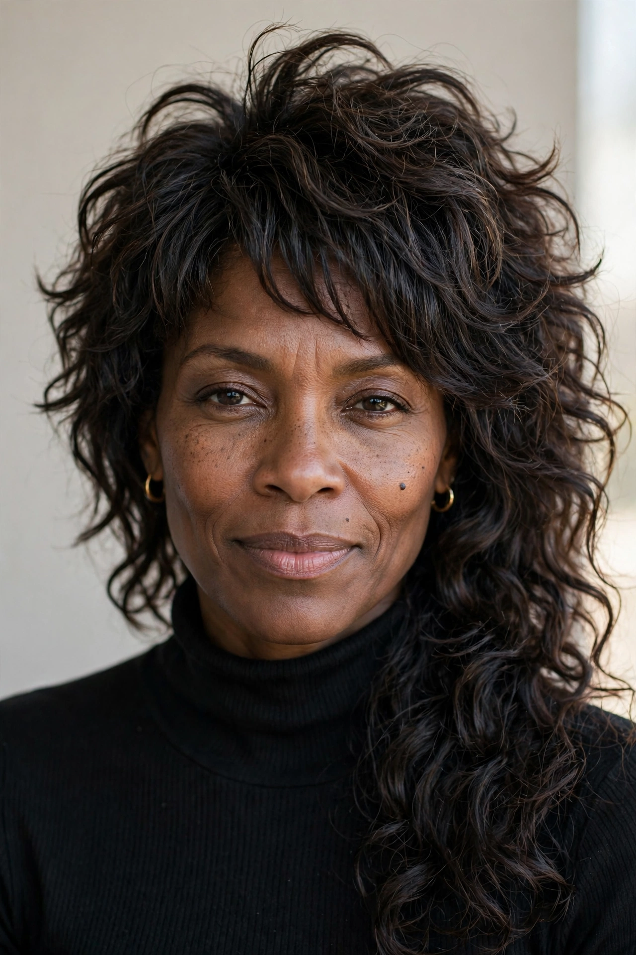 Woman in her 40s with a curly shag medium length hairstyle