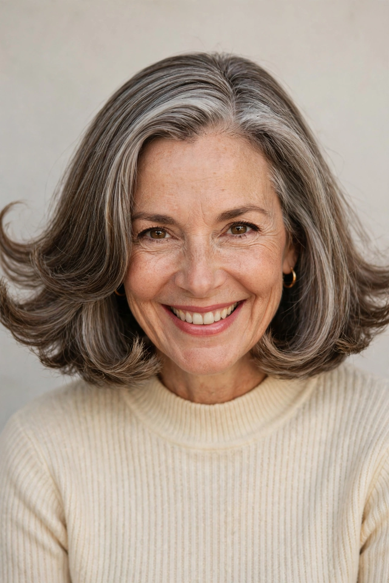 Woman in her 50s with a flipped-end shoulder-length haircut