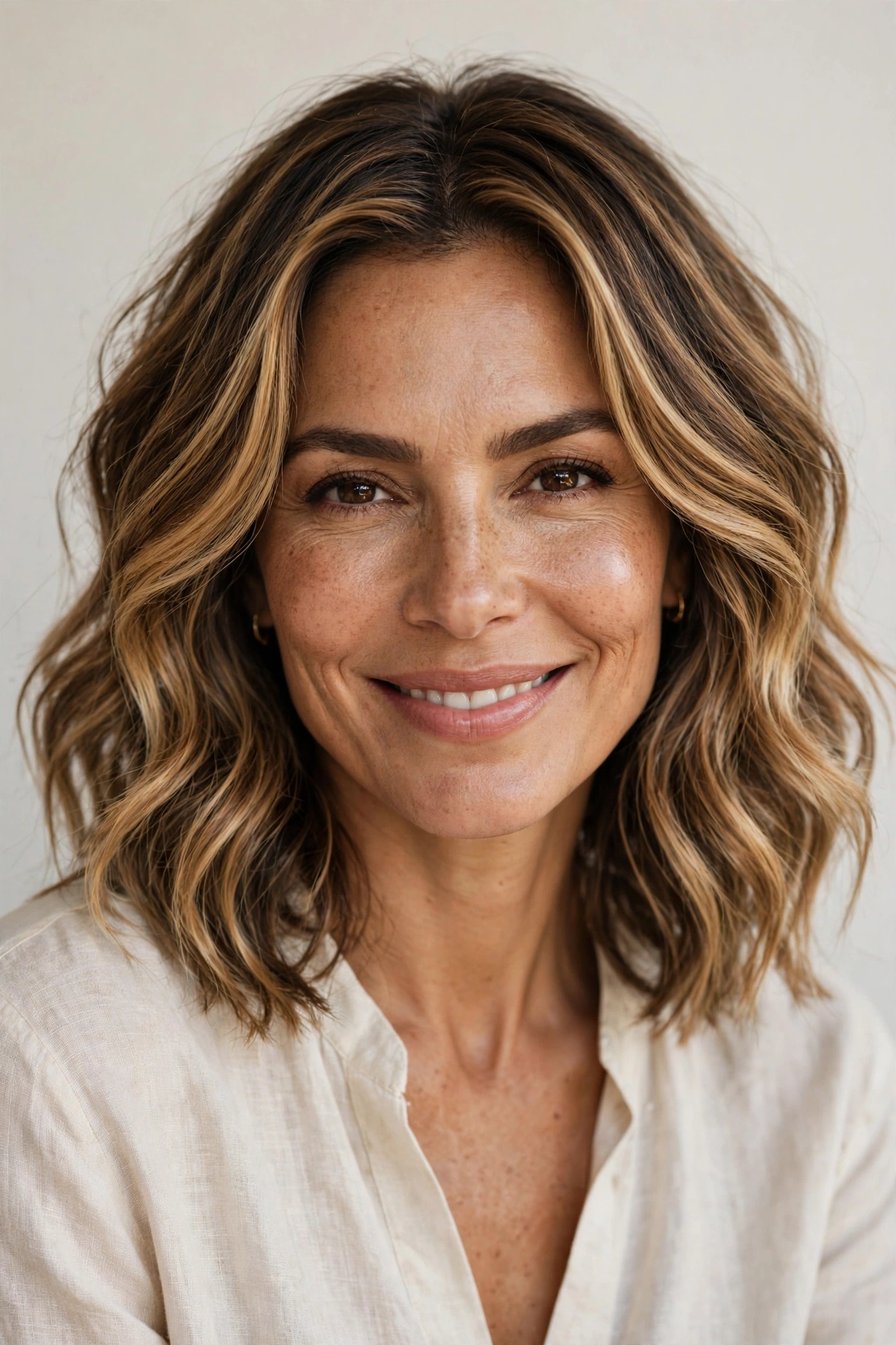 Woman over 40 with a wavy lob and dimensional balayage color